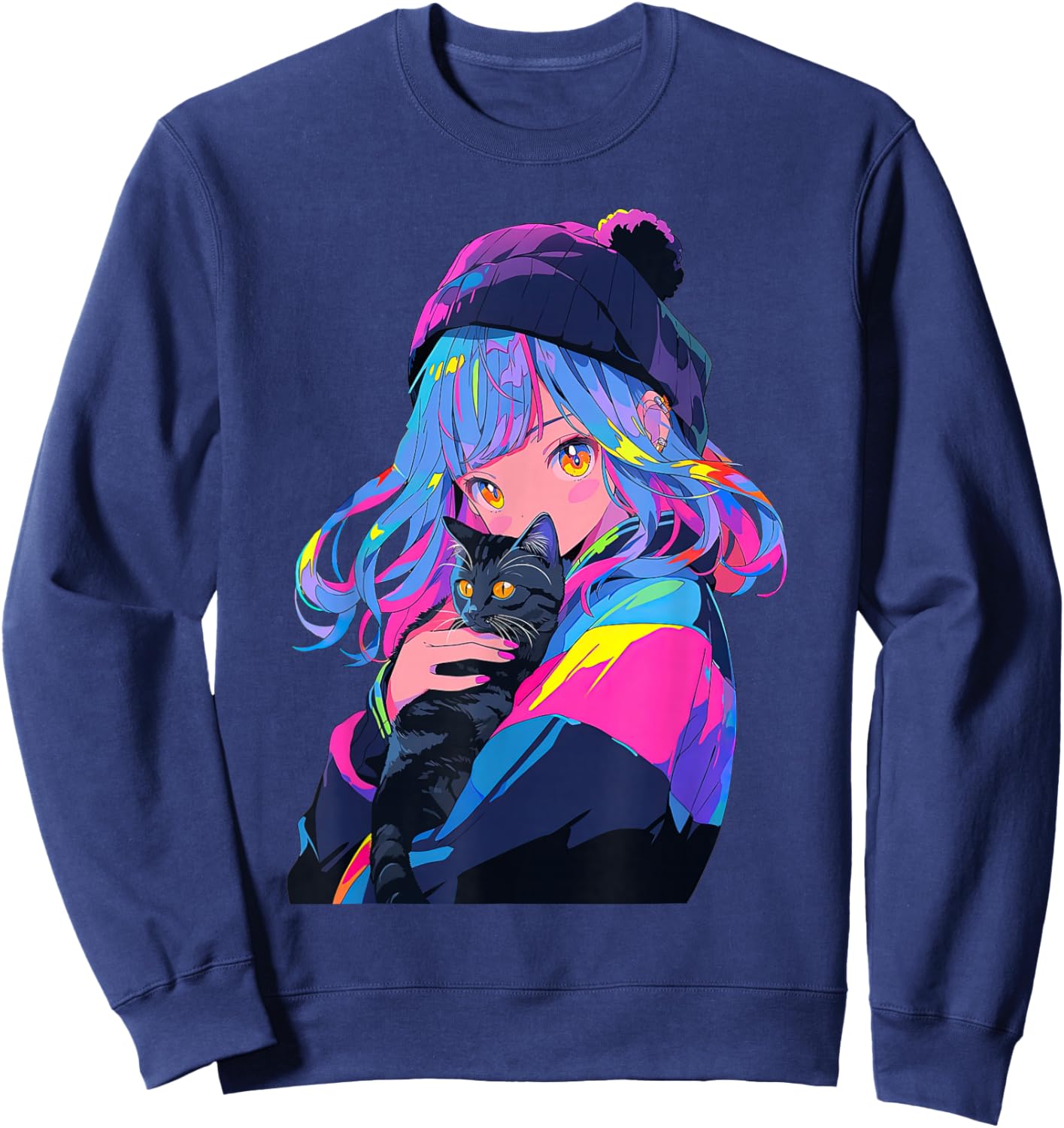 Anime and Cats Manga Girl with a Cat Anime Lover Sweatshirt - Sweatshirt | Navy