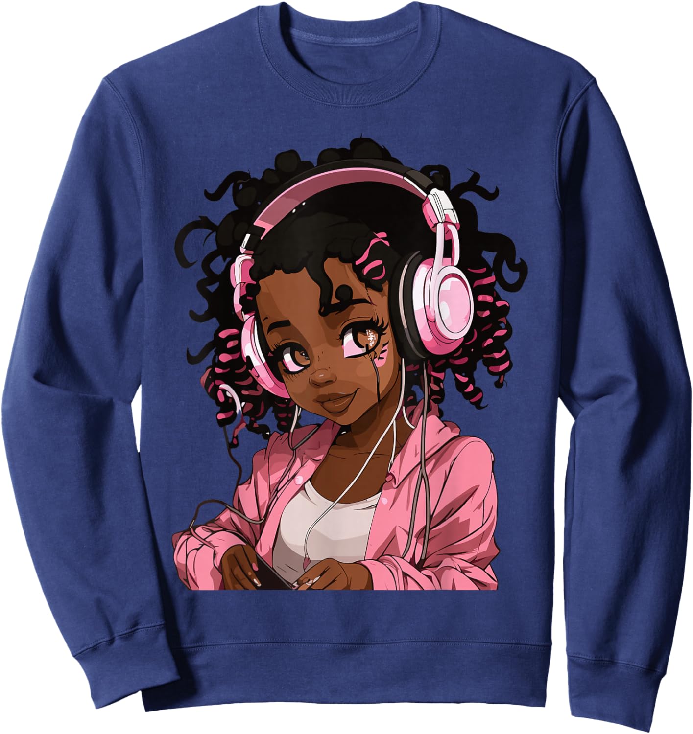 Anime and Music Black Girl Anime Merch Afro African American Sweatshirt - Sweatshirt | Navy