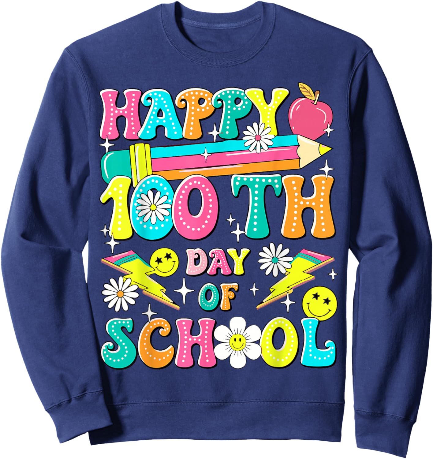 Retro Groovy 100th Day of School Teachers Kid Happy 100 Days Sweatshirt - Sweatshirt | Navy