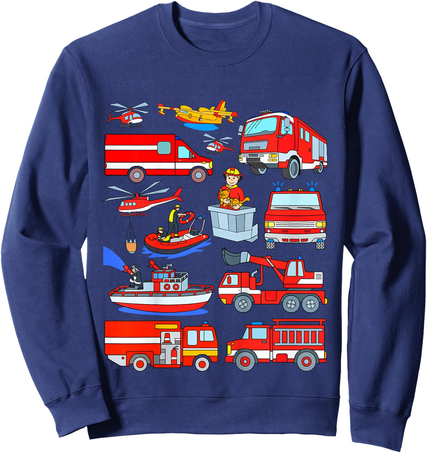 Kids Fire Truck Fireman Cat Rescue Boat Plane Firefighters Boy Sweatshirt - Sweatshirt | Navy