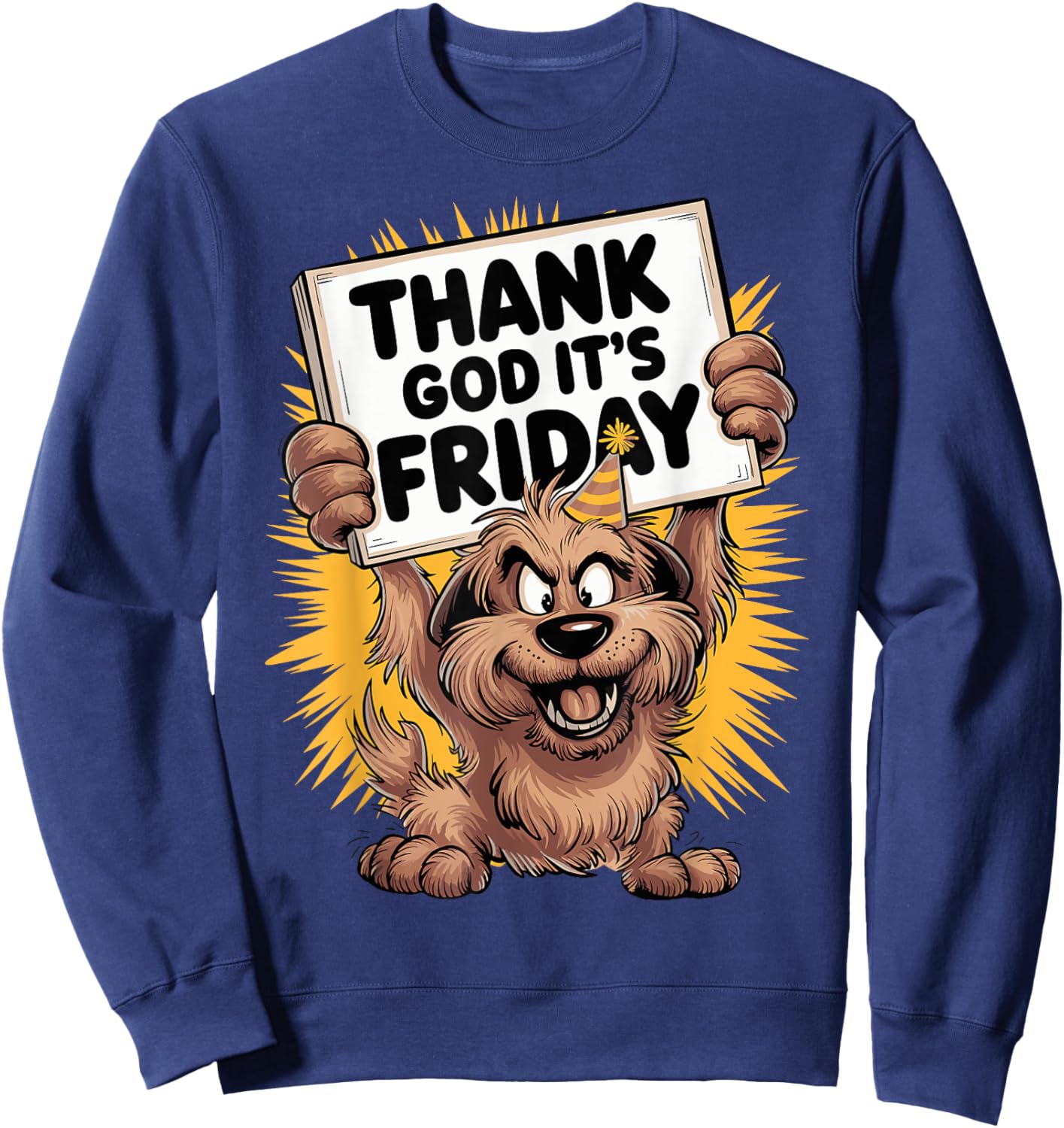 Thank God It's Friday Cheerful Dog Cartoon Design Sweatshirt - Sweatshirt | Navy