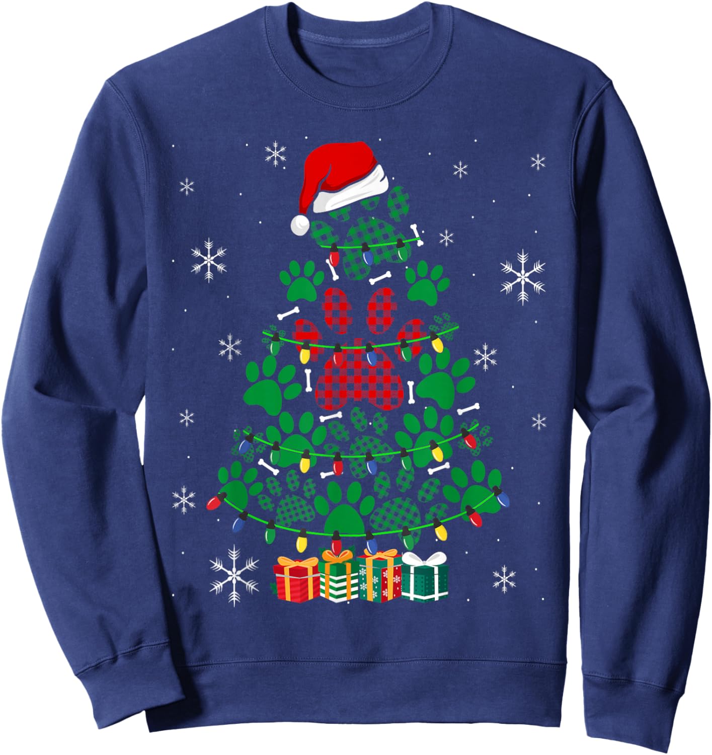 Paws Print Christmas Tree Dog or Cat with Santa Lights Sweatshirt - Sweatshirt | Navy