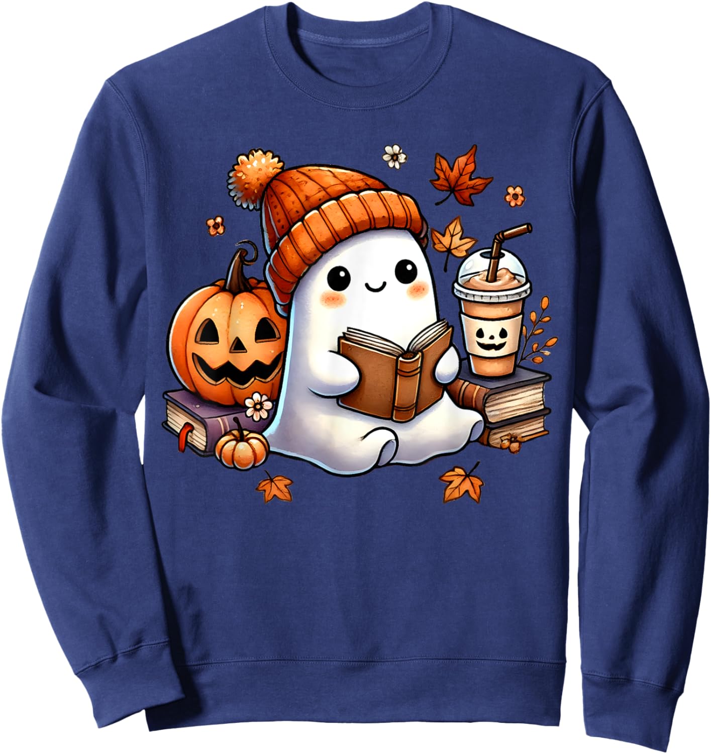 Cute Ghost Reading Book Lovers Halloween Ghost Coffee Women Sweatshirt - Sweatshirt | Navy