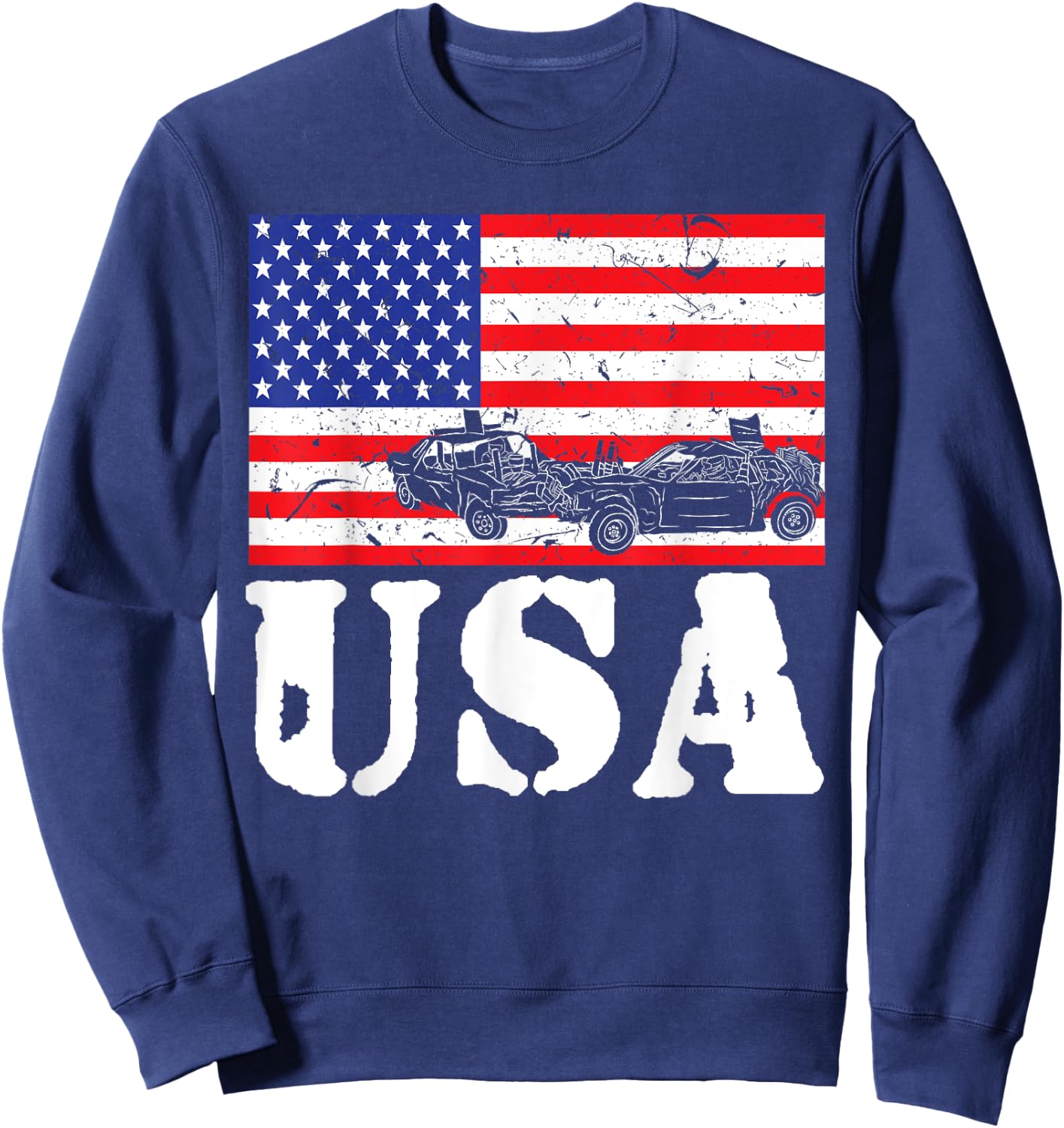 Distressed Demolition Derby USA American Flag Vintage Racer Sweatshirt - Sweatshirt | Navy