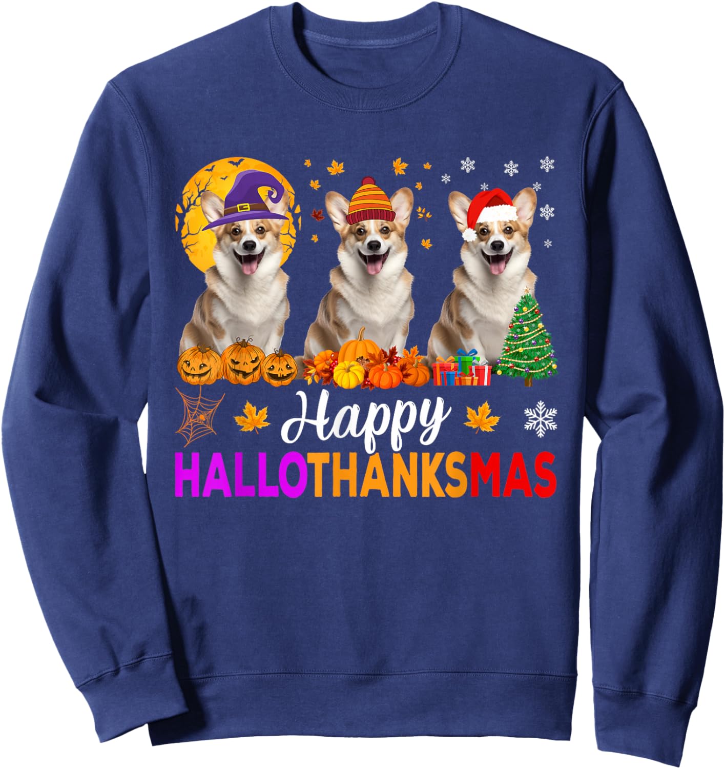 Corgi Dog Halloween Christmas Hallothanksmas Sweatshirt - Sweatshirt | Navy