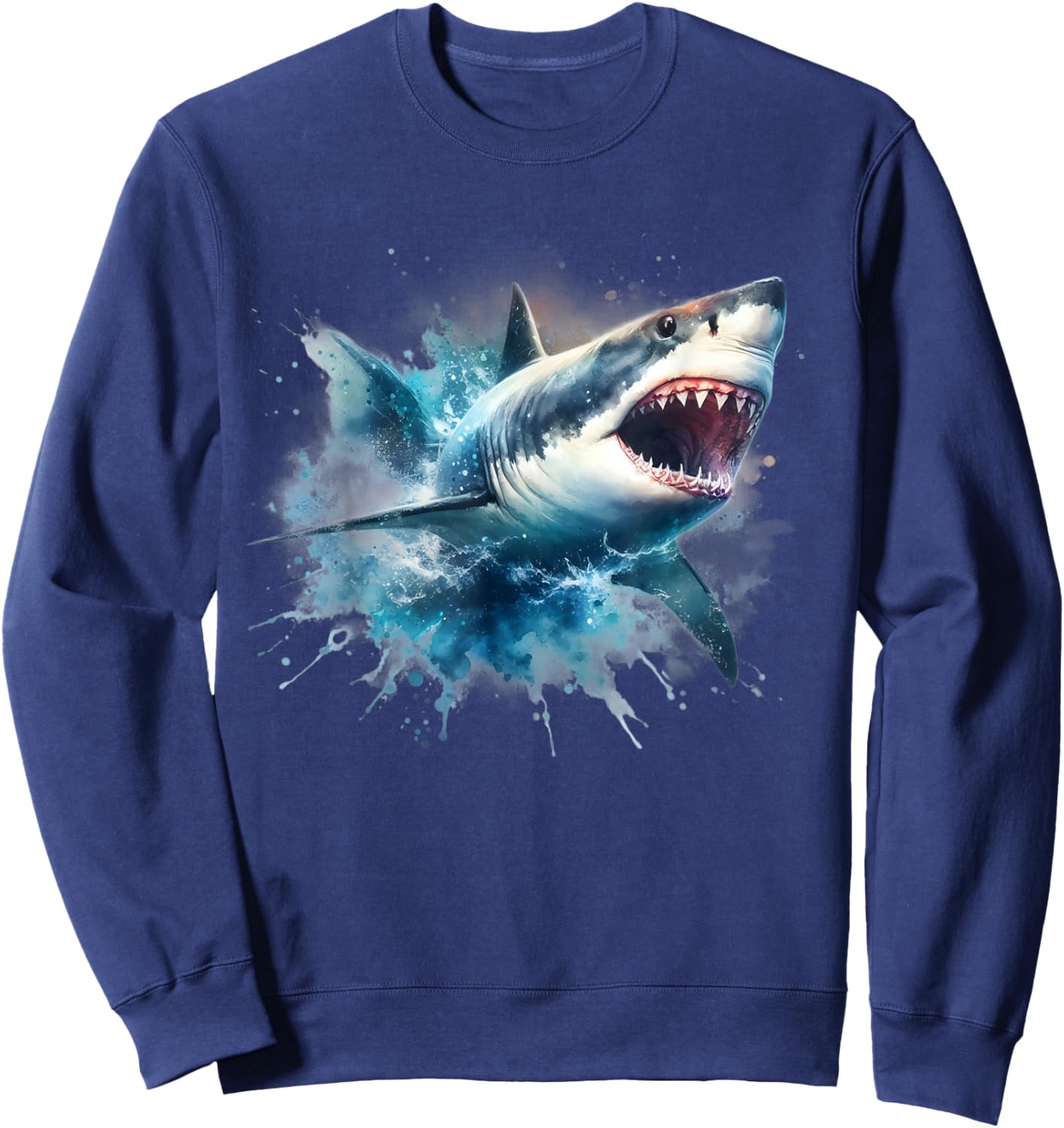 Cool Watercolor Great White Shark Open Jaw Sweatshirt - Sweatshirt | Navy