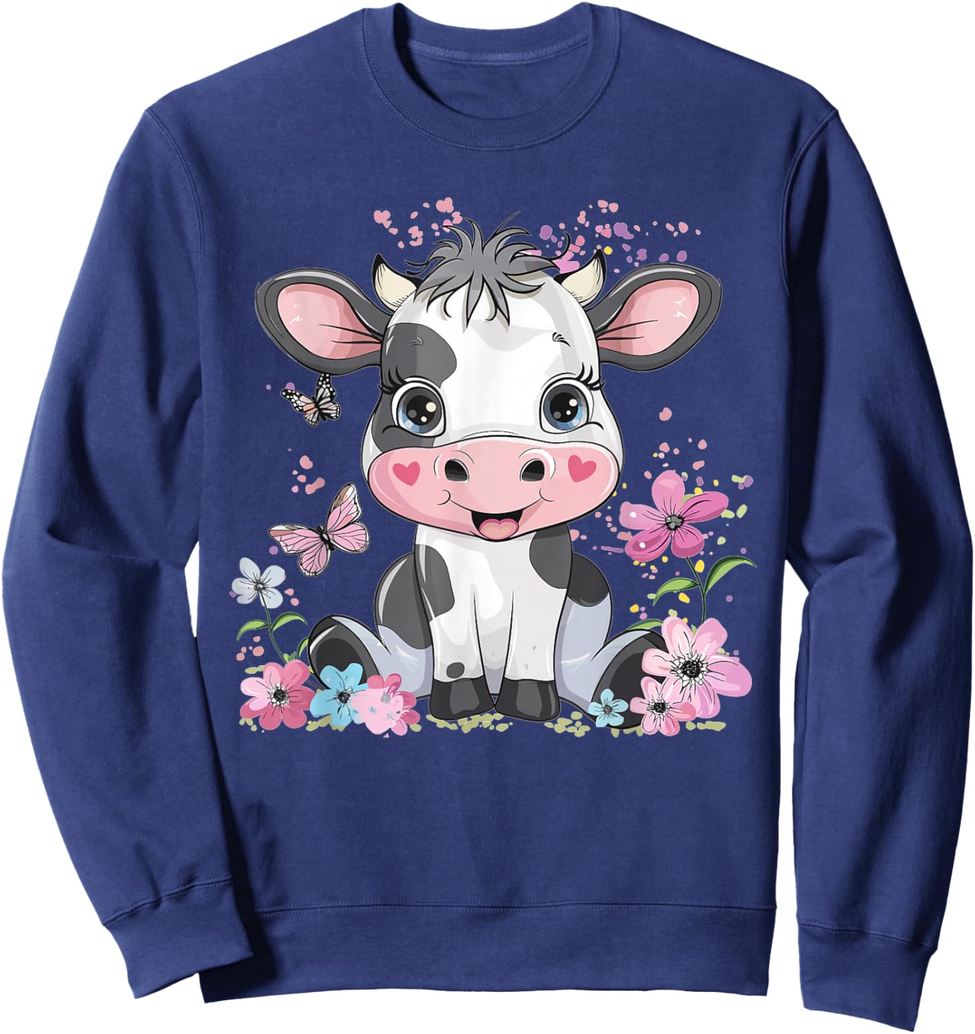 Cute Cow with Flowers I Kids Cow Sweatshirt - Sweatshirt | Navy