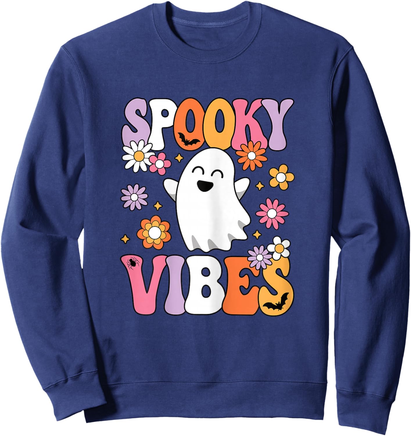 Spooky Vibes Groovy Halloween Ghost Women Girls Teens Kids Sweatshirt - Sweatshirt | Navy