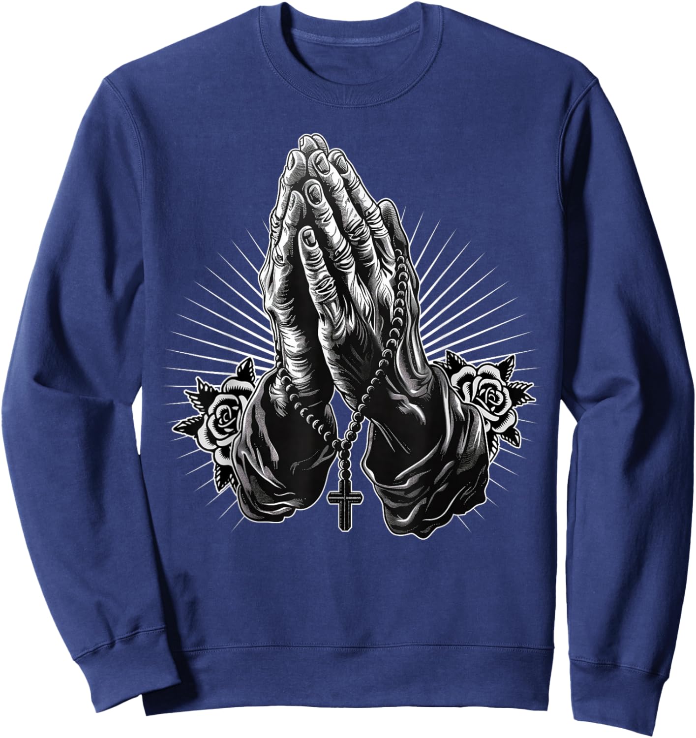 Prayer Hands Catholic Christian Chicano Tattoo Rosary Sweatshirt - Sweatshirt | Navy