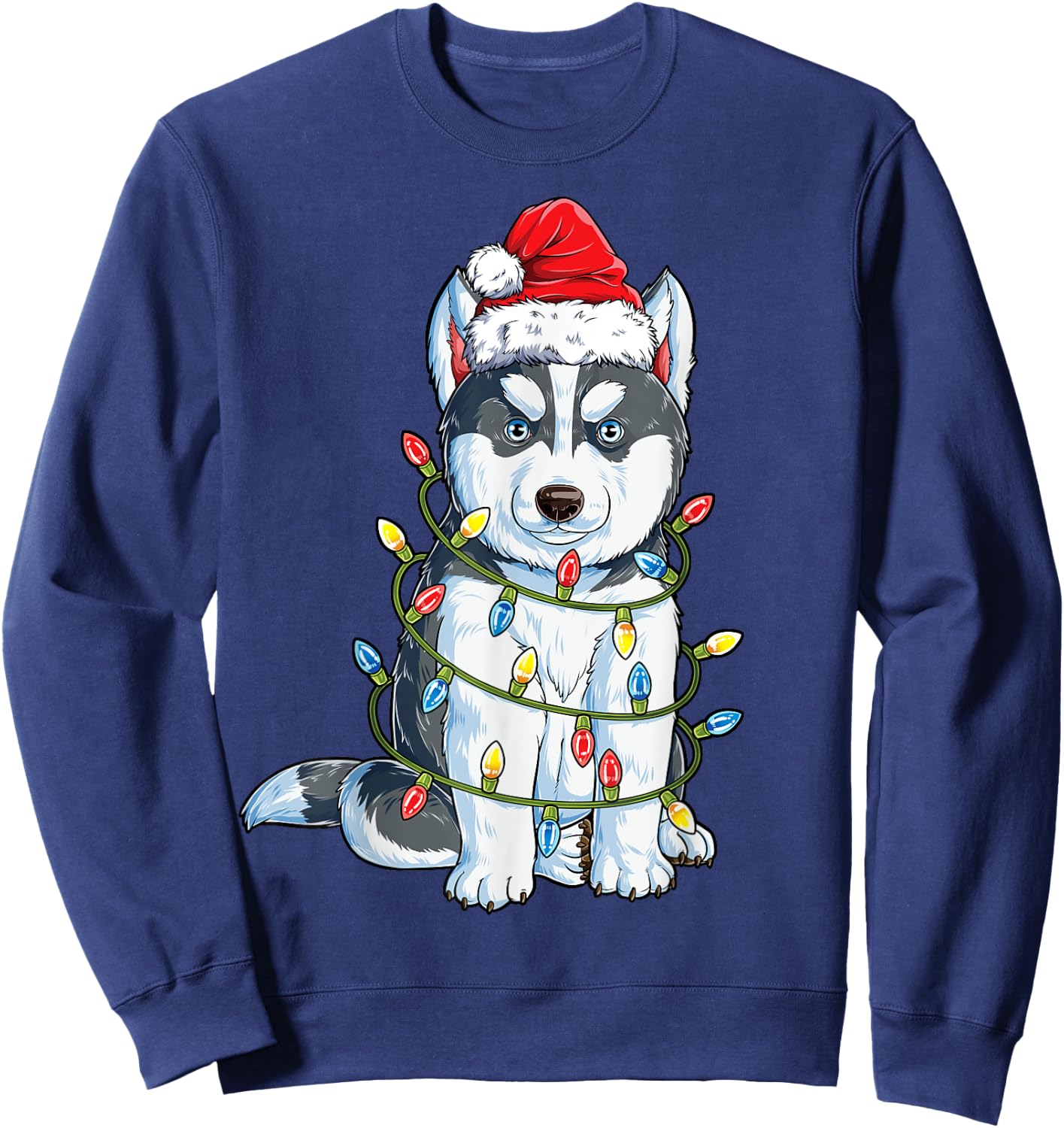 Siberian Husky Santa Christmas Tree Lights Xmas Boys Dog Sweatshirt - Sweatshirt | Navy