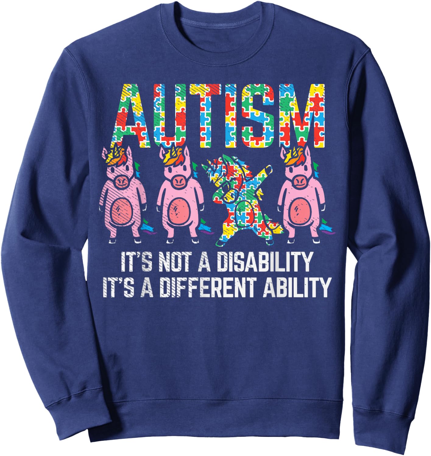 BoredKoalas Autism Awareness Unicorn Dab - -Adults, Black, Short Sleeve, Classic Fit, Cotton Blend, Small Sweatshirt - Sweatshirt | Navy