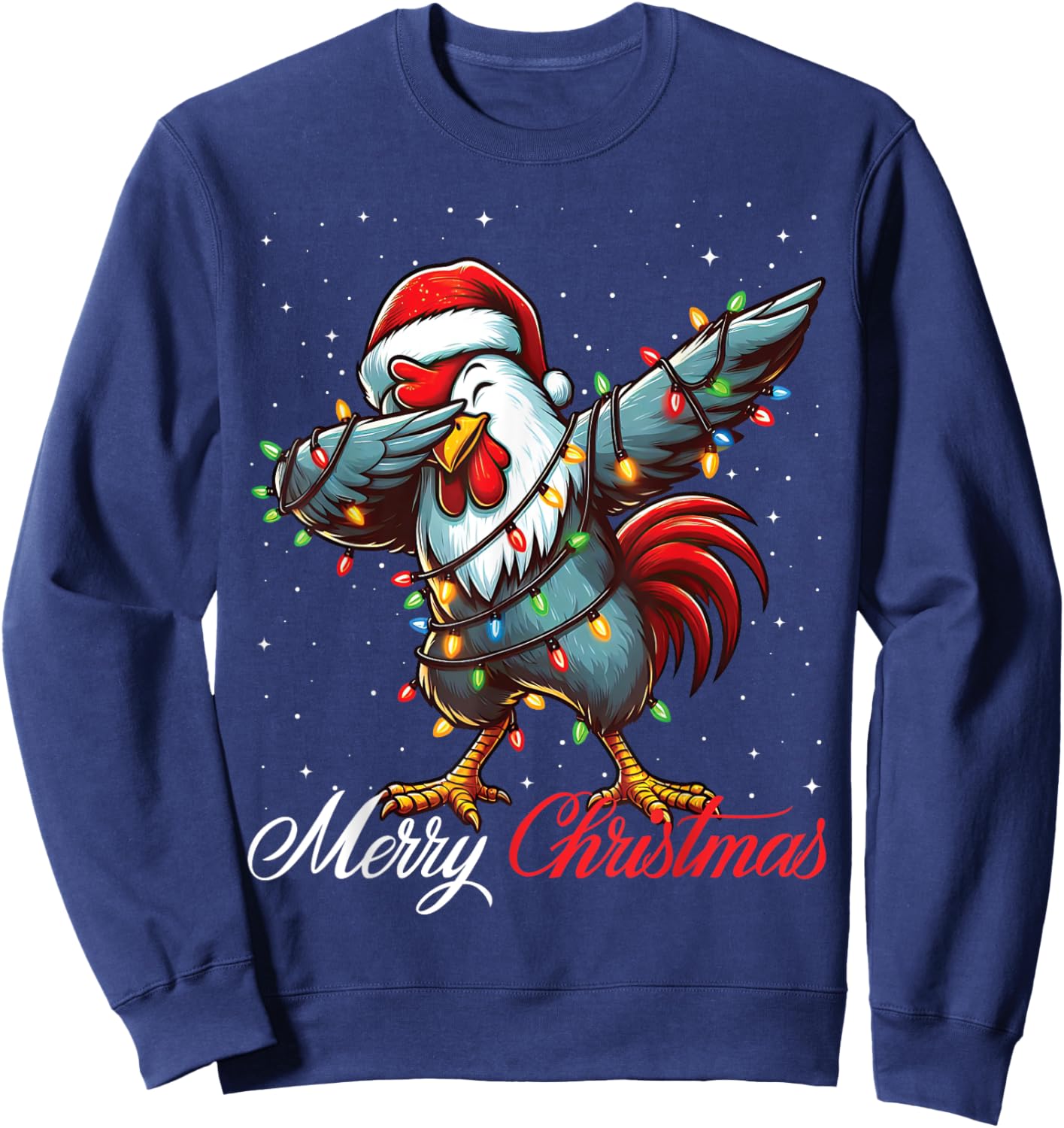 Dabbing Rooster Merry Christmas Lights Santa Hat Xmas Snow Sweatshirt - Sweatshirt | Navy