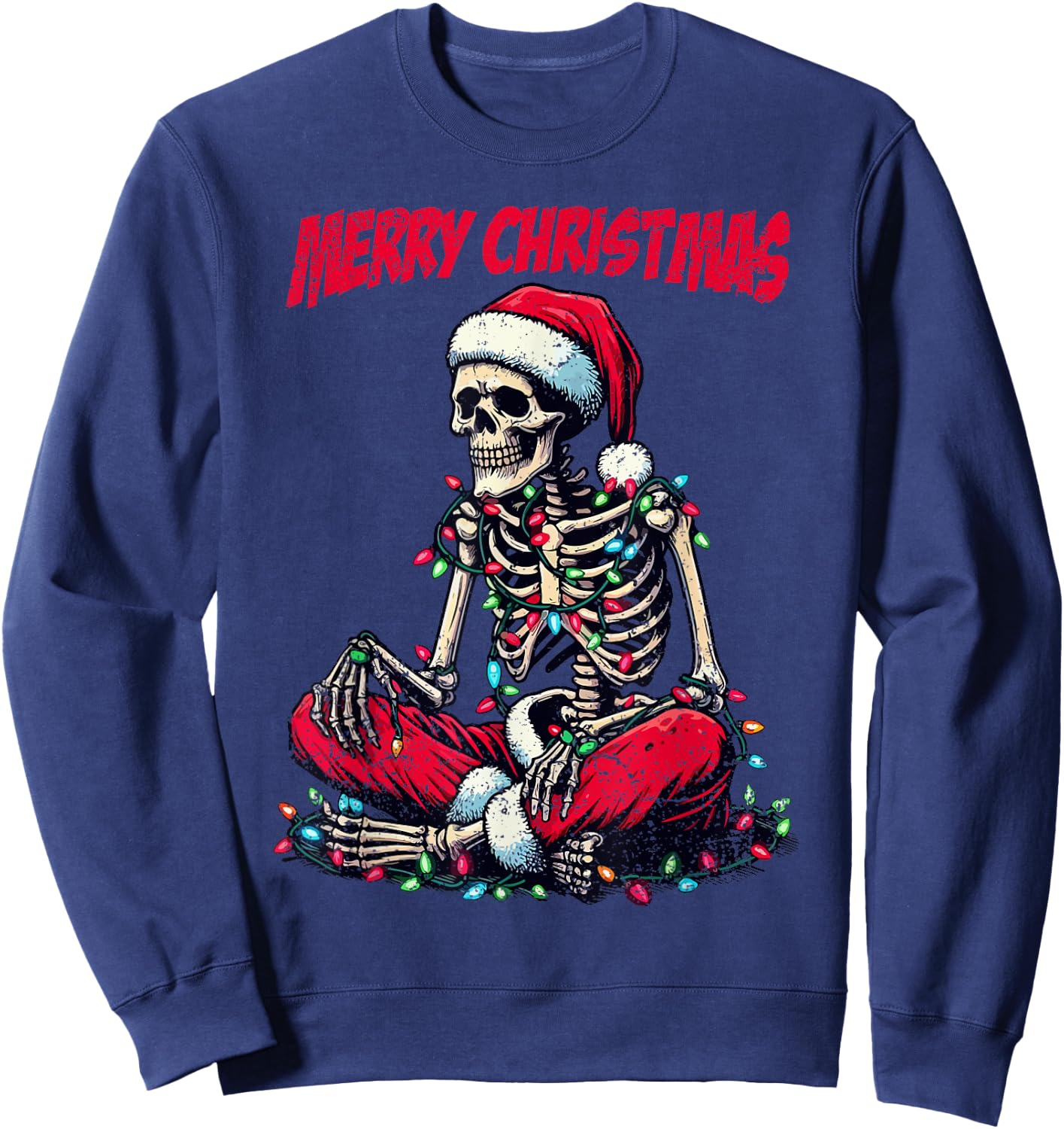 Skeleton Santa Hat Merry Christmas X-mas Lights Holiday Sweatshirt - Sweatshirt | Navy