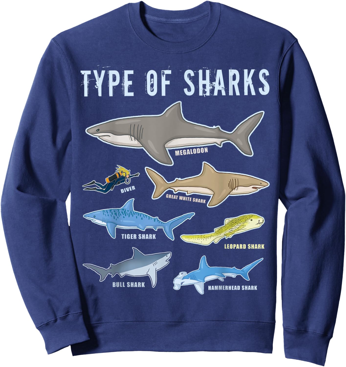 Scuba Shark Gifts HT Type of Sharks 6 Sharks Sea Creatures Cute Shark Sweatshirt - Sweatshirt | Navy