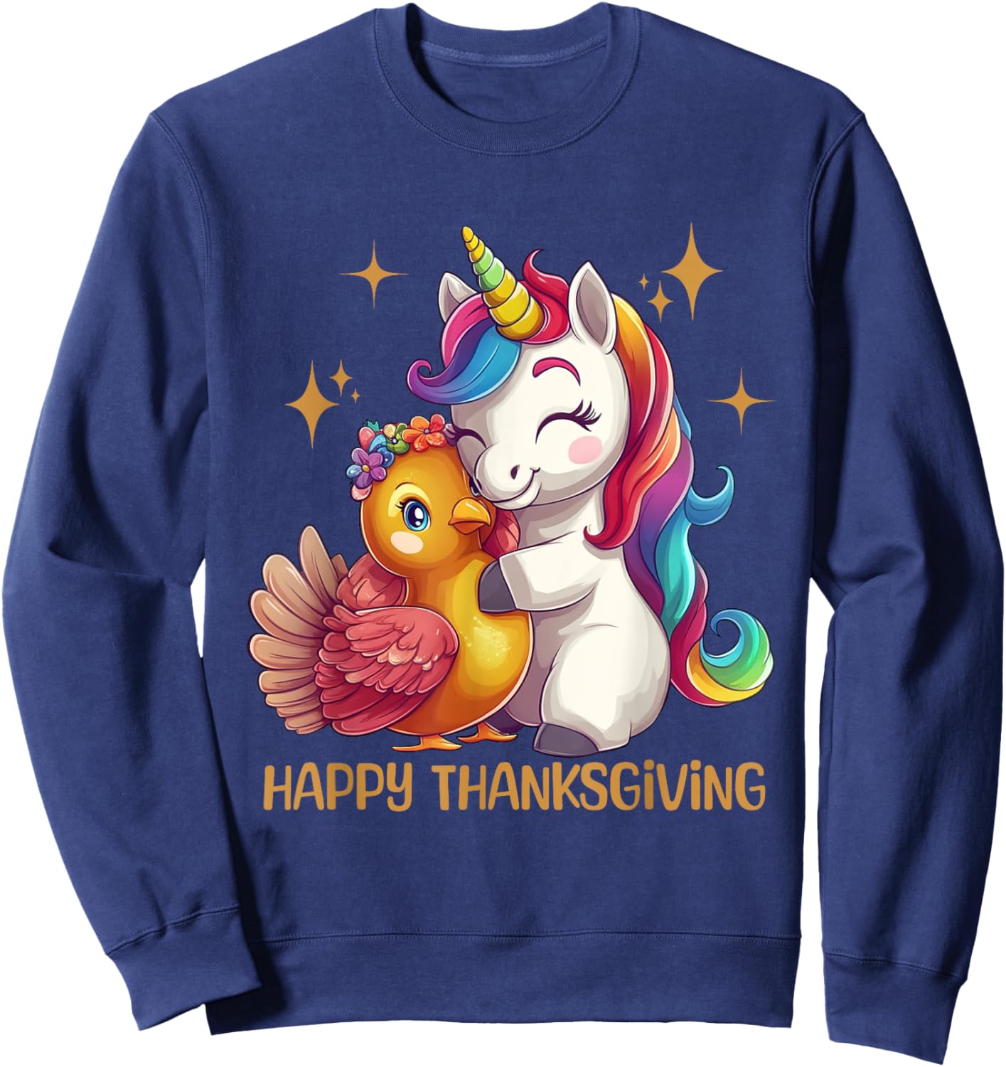 Happy Thanksgiving Shirt Girls Fall Unicorn Hugging Turkey Sweatshirt - Sweatshirt | Navy