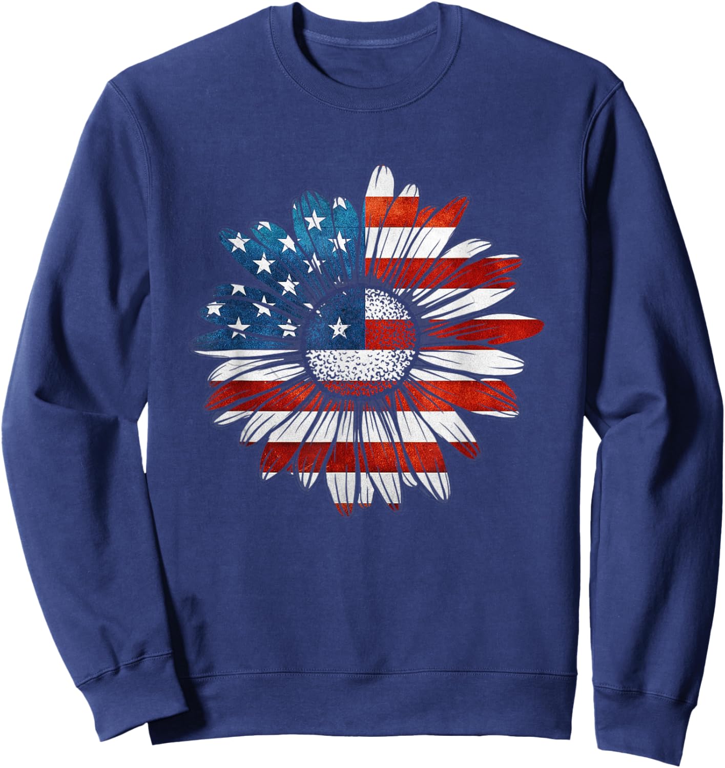 Vintage Daisy USA American Flag 4th of July Patriotic Flower Women Kids Men Sweatshirt - Sweatshirt | Navy