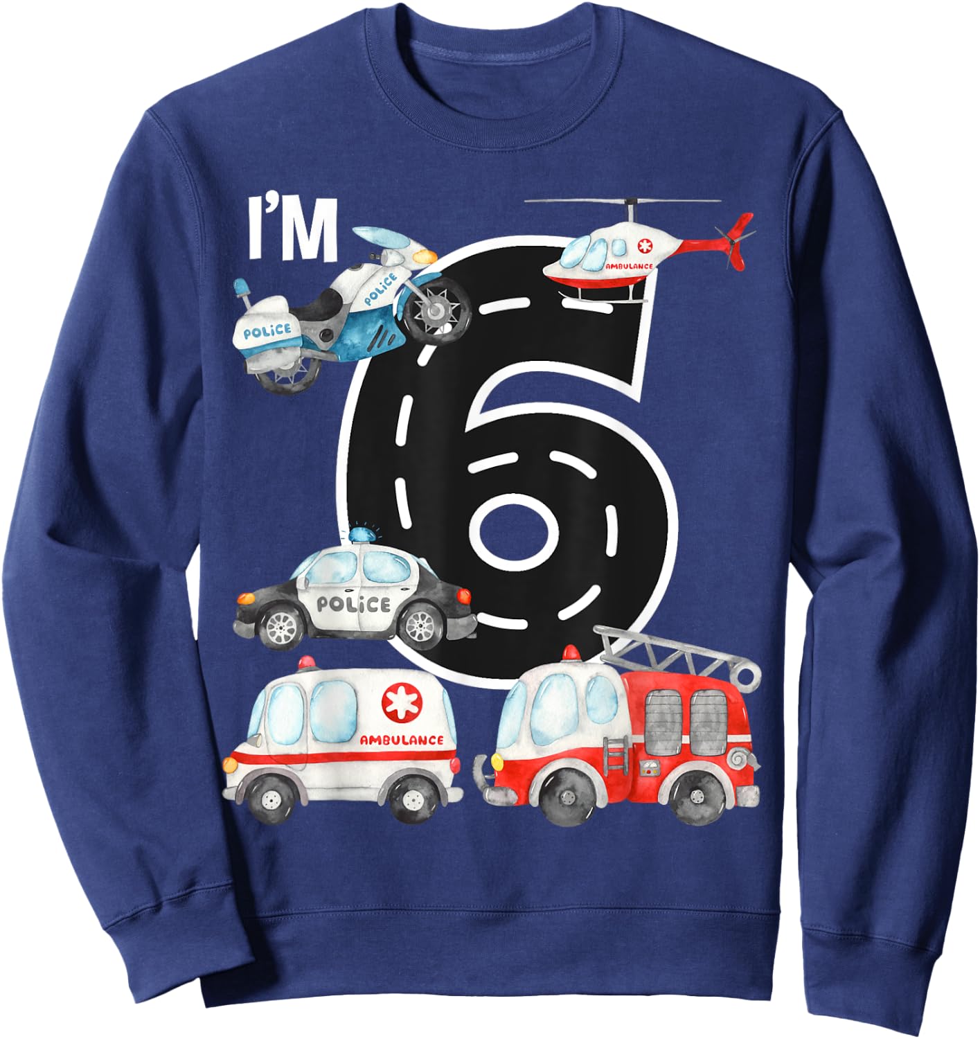 Emergency Vehicles 6th Birthday Fire Truck Police Car Boys Sweatshirt - Sweatshirt | Navy