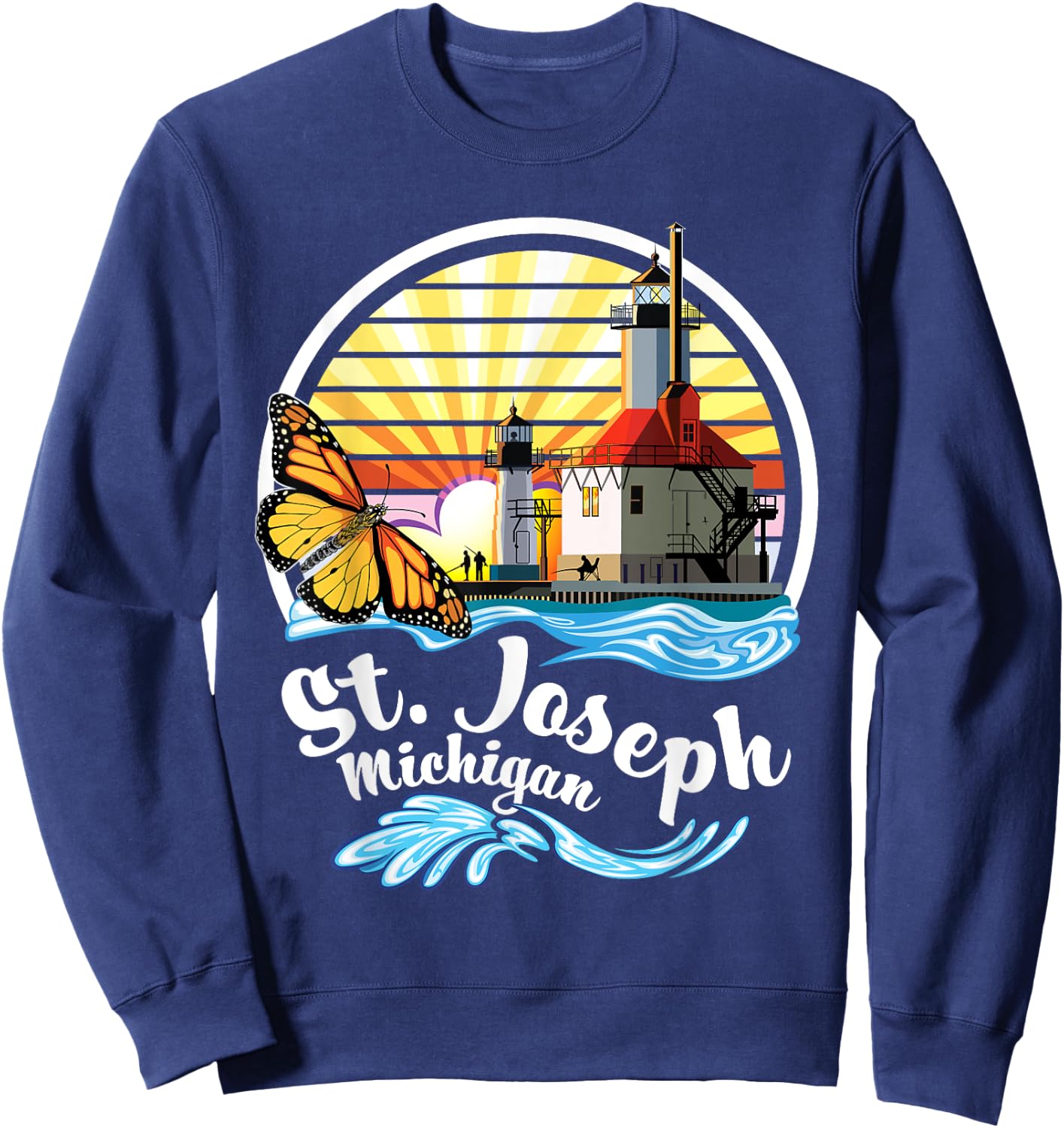 St. Joseph MI Lighthouses & Butterfly at Silver Beach Design Sweatshirt - Sweatshirt | Navy