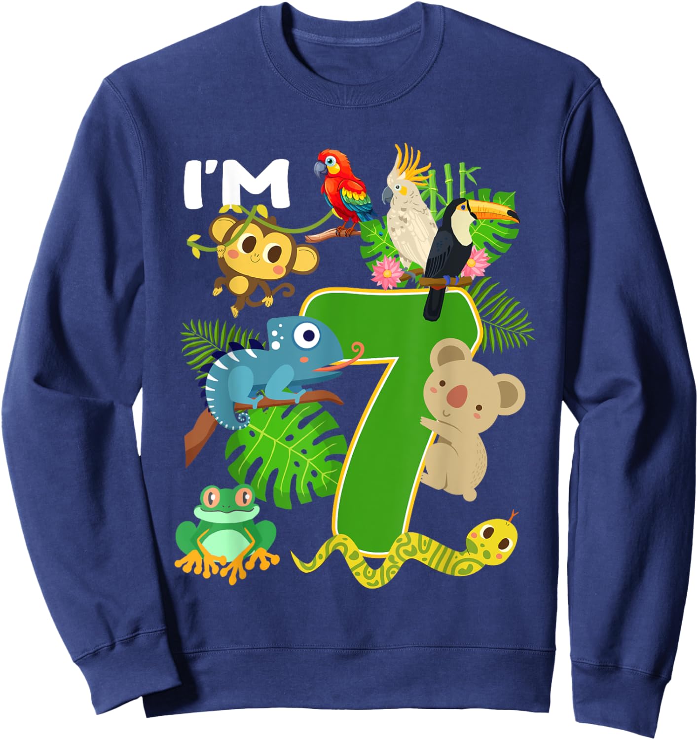 I'm 7 Year Old Birthday Rainforest Animals 7th Bday Kids Sweatshirt - Sweatshirt | Navy