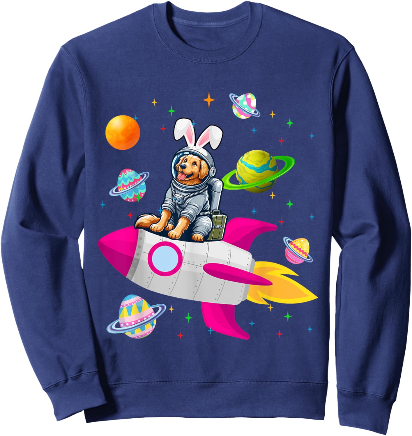 Bunny Golden Retriever In Space Planets Easter Dog Owner Women Kids Sweatshirt - Sweatshirt | Navy