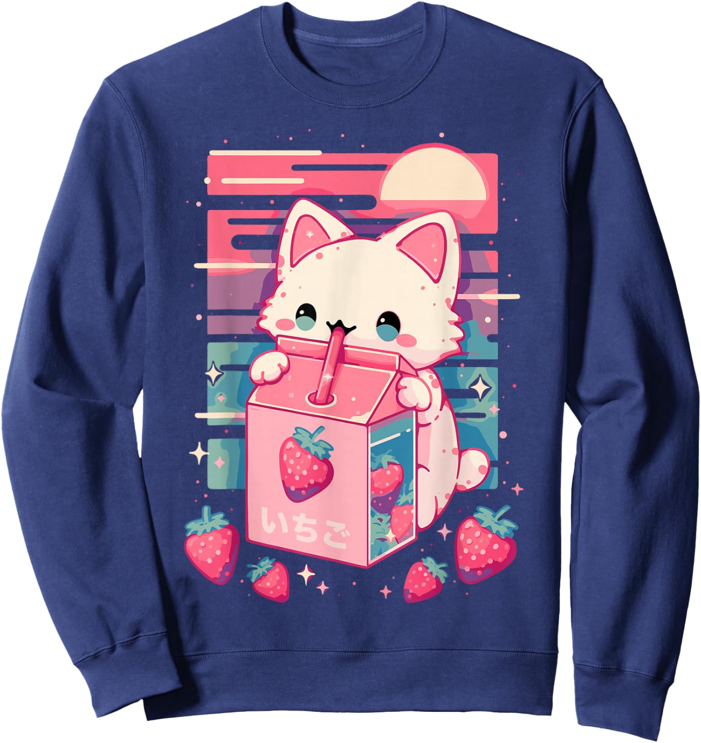 Cat Strawberry Milk Anime 90s Japanese Cat Japan Sweatshirt - Sweatshirt | Navy
