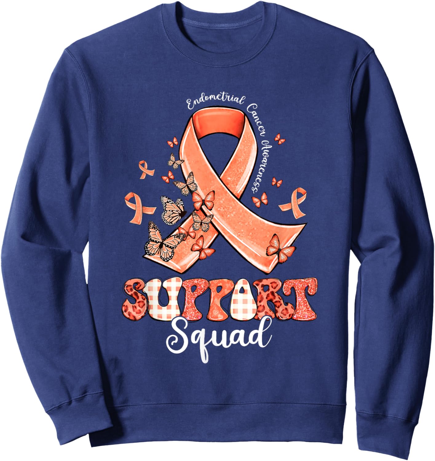 Support Squad Peach Ribbon Butterfly Endometrial Cancer Sweatshirt - Sweatshirt | Navy