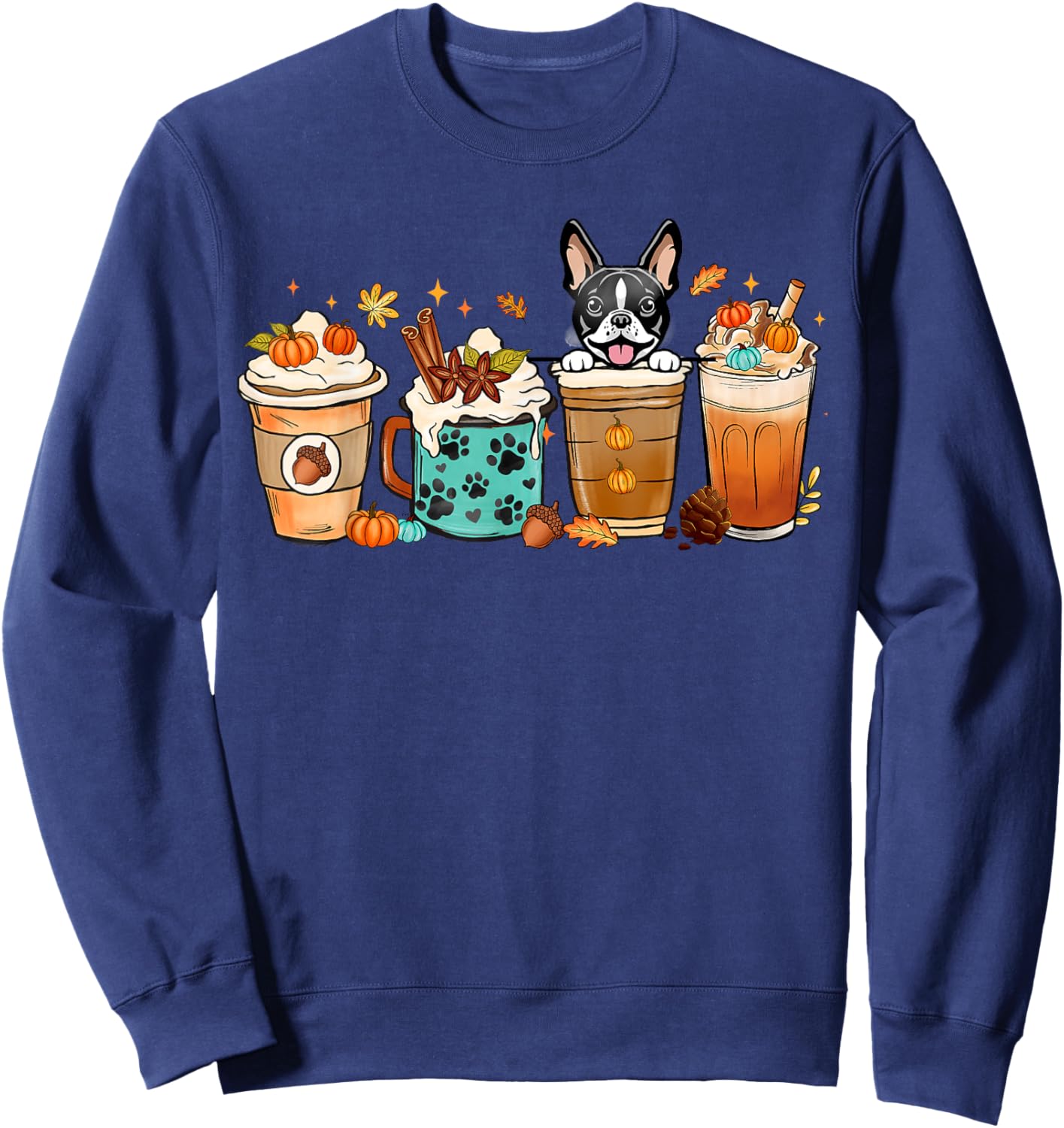 Boston Terrier Dog Fall Autumn Coffee Cups Halloween Pet Men Women Sweatshirt - Sweatshirt | Navy