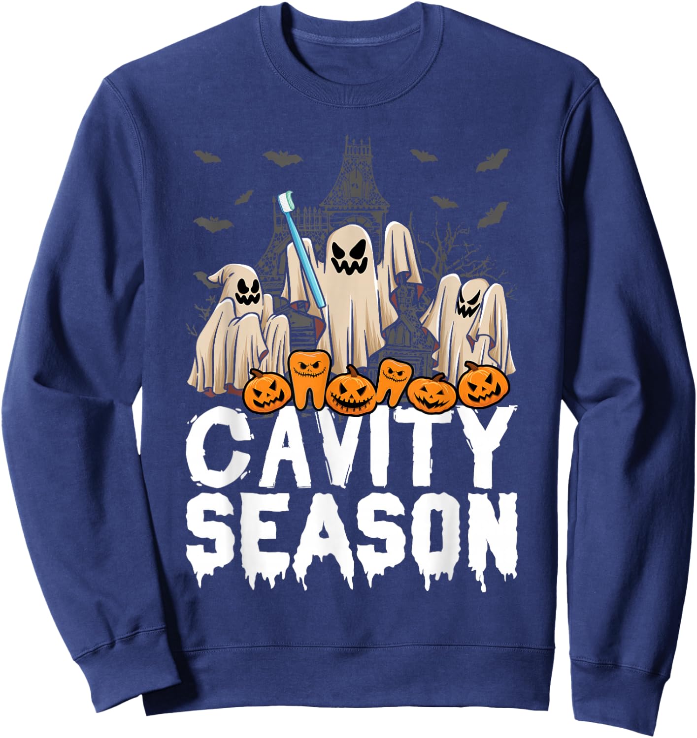 Cavity Season Halloween Funny Dental Ghosts And Toothbrush Sweatshirt - Sweatshirt | Navy