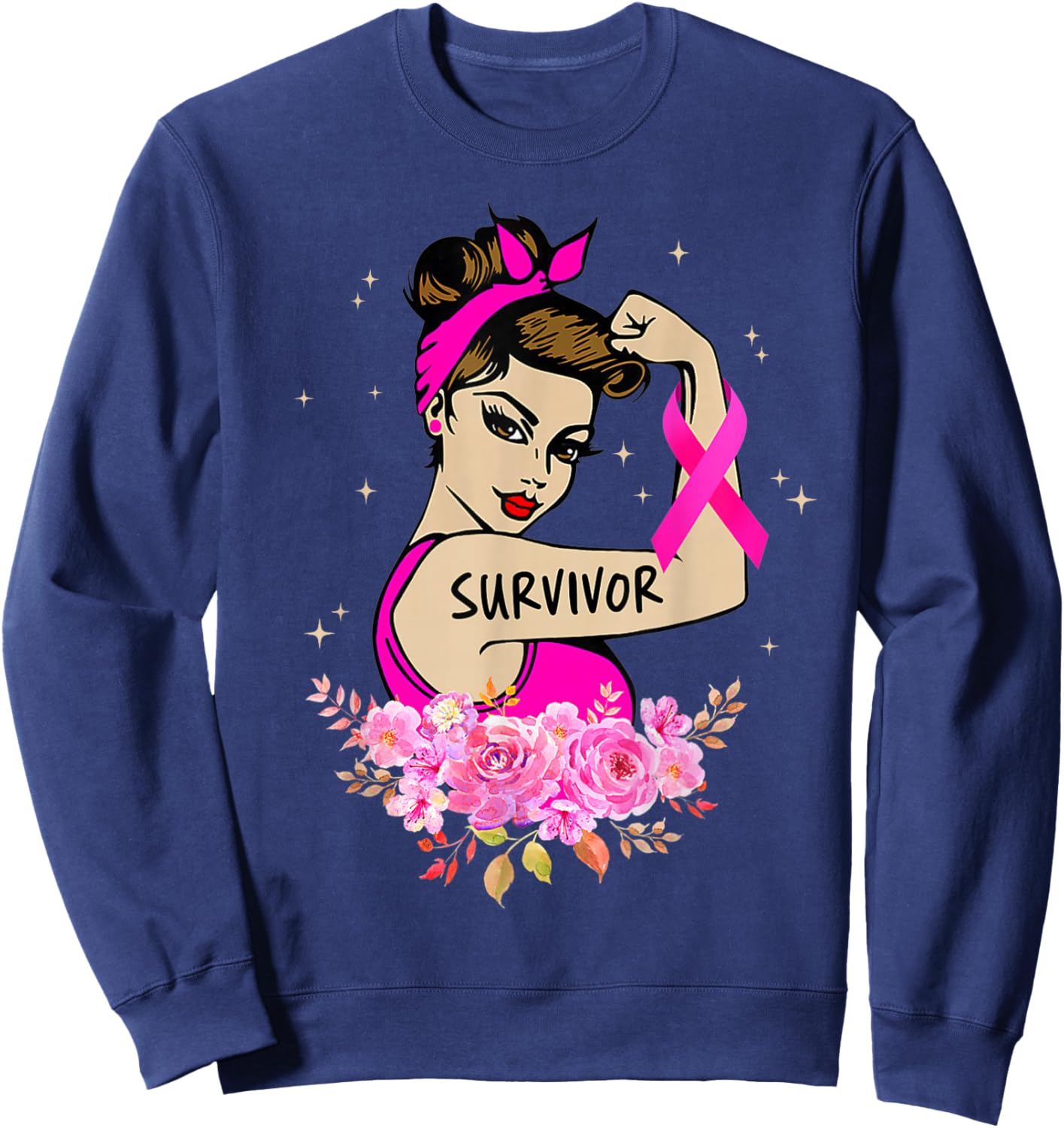 Breast Cancer Survivor Rosie Riveter Pink Awareness Women Sweatshirt - Sweatshirt | Navy