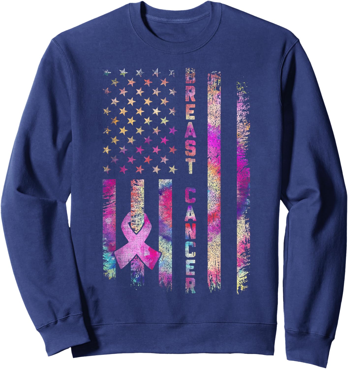 American Flag Breast Cancer Awareness Support Tie Dye Sweatshirt - Sweatshirt | Navy
