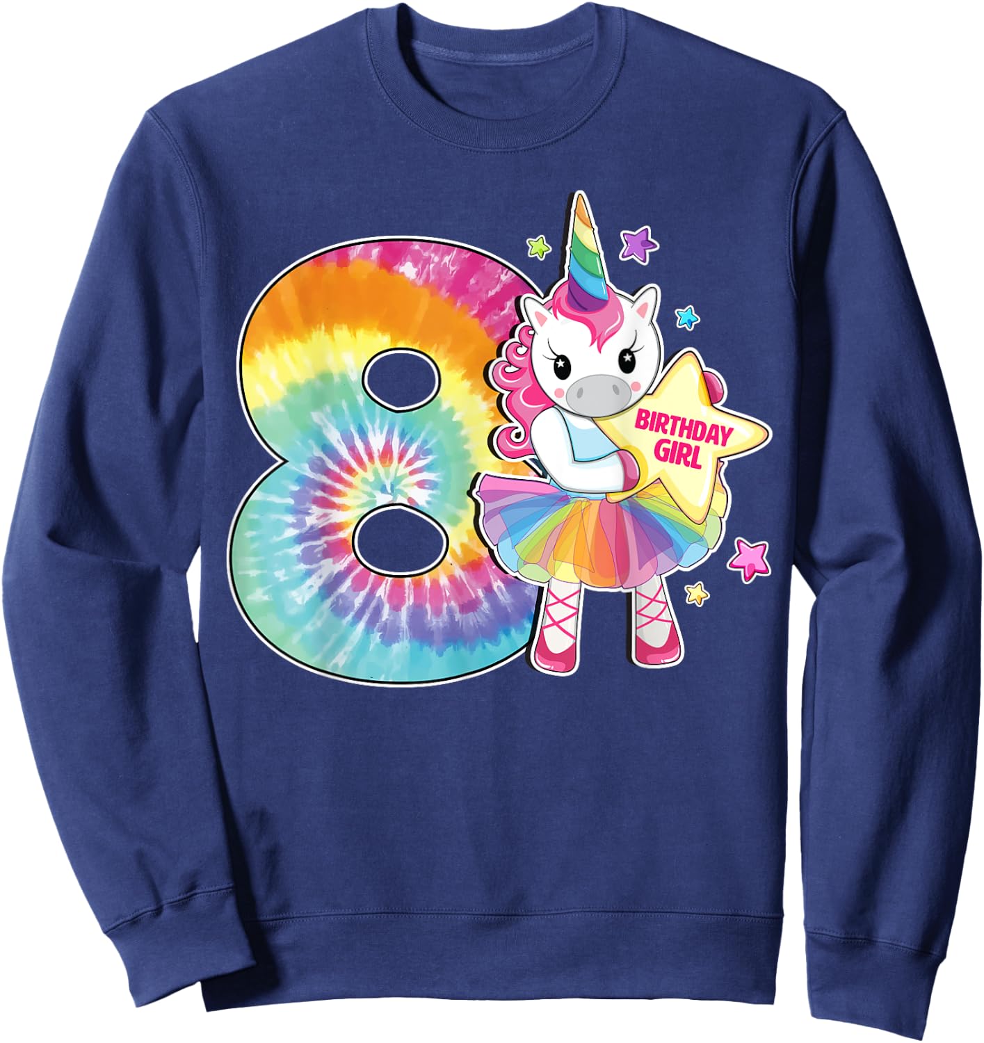 8th Birthday Unicorn Shirt Gift Girls Age 8 Tie Dye Sweatshirt - Sweatshirt | Navy