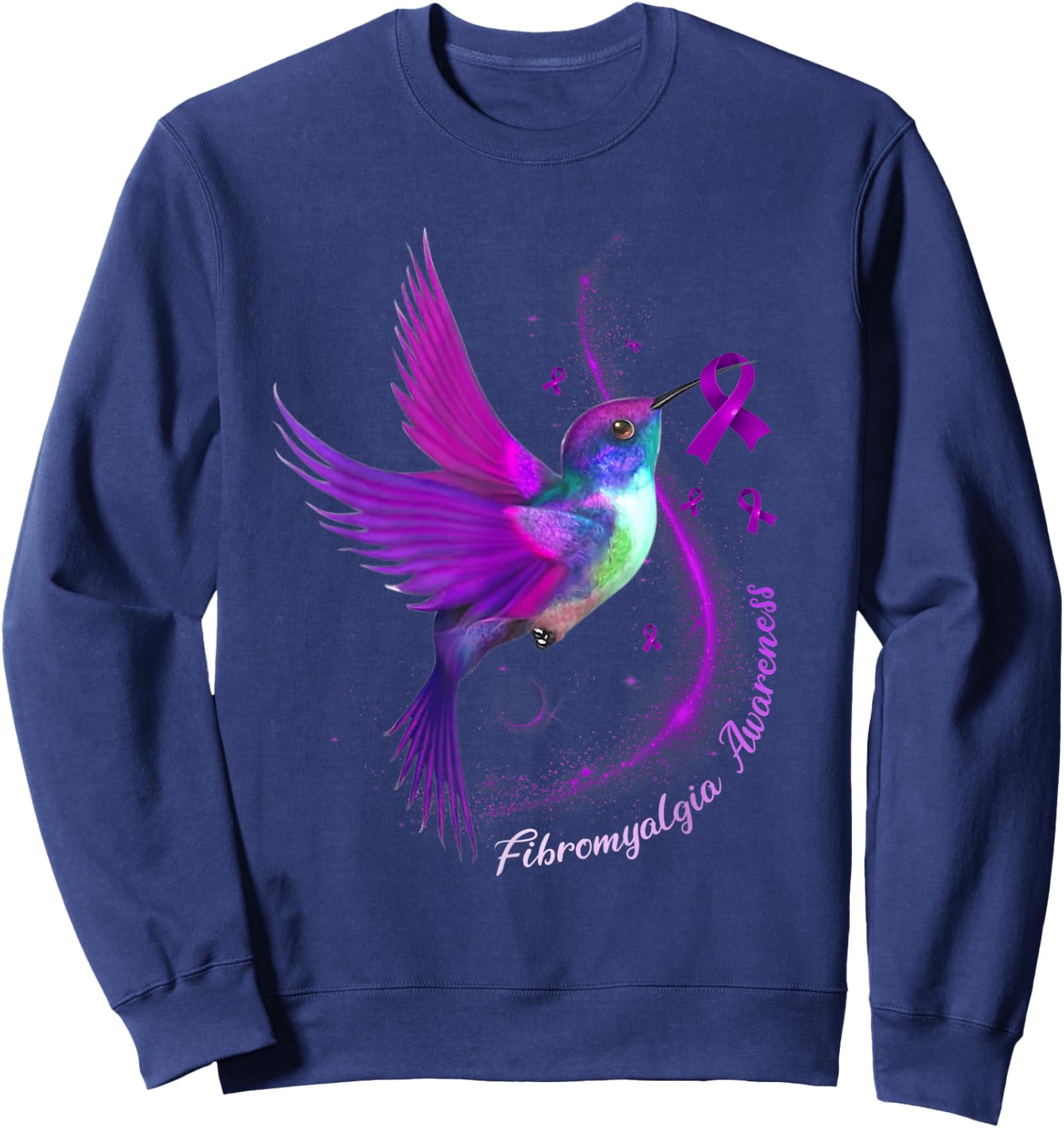 Purple Ribbon Hummingbird Fibromyalgia Awareness Month Sweatshirt - Sweatshirt | Navy