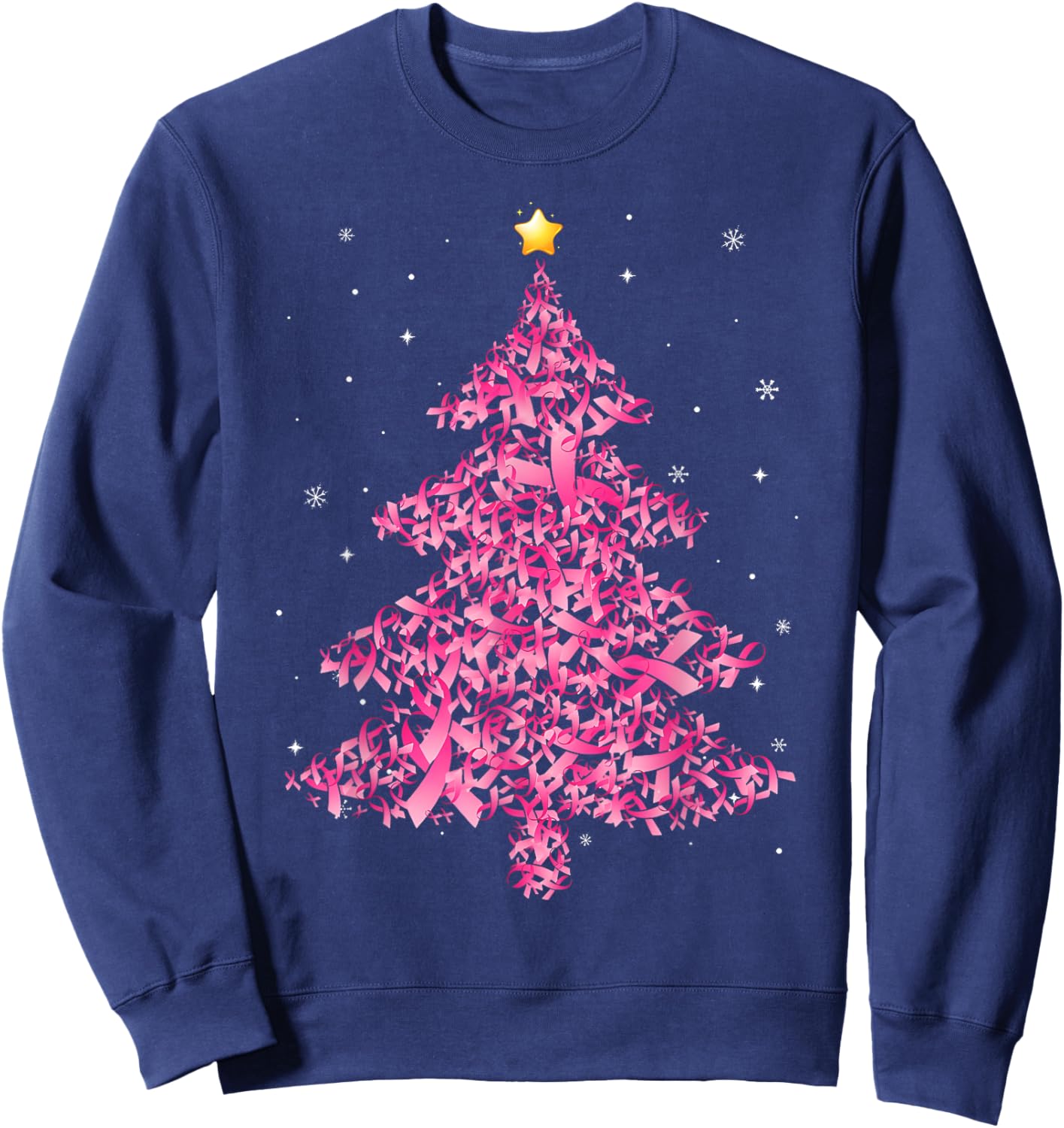 Breast Cancer Christmas Santa Hat Pink Ribbon Xmas Tree Sweatshirt - Sweatshirt | Navy