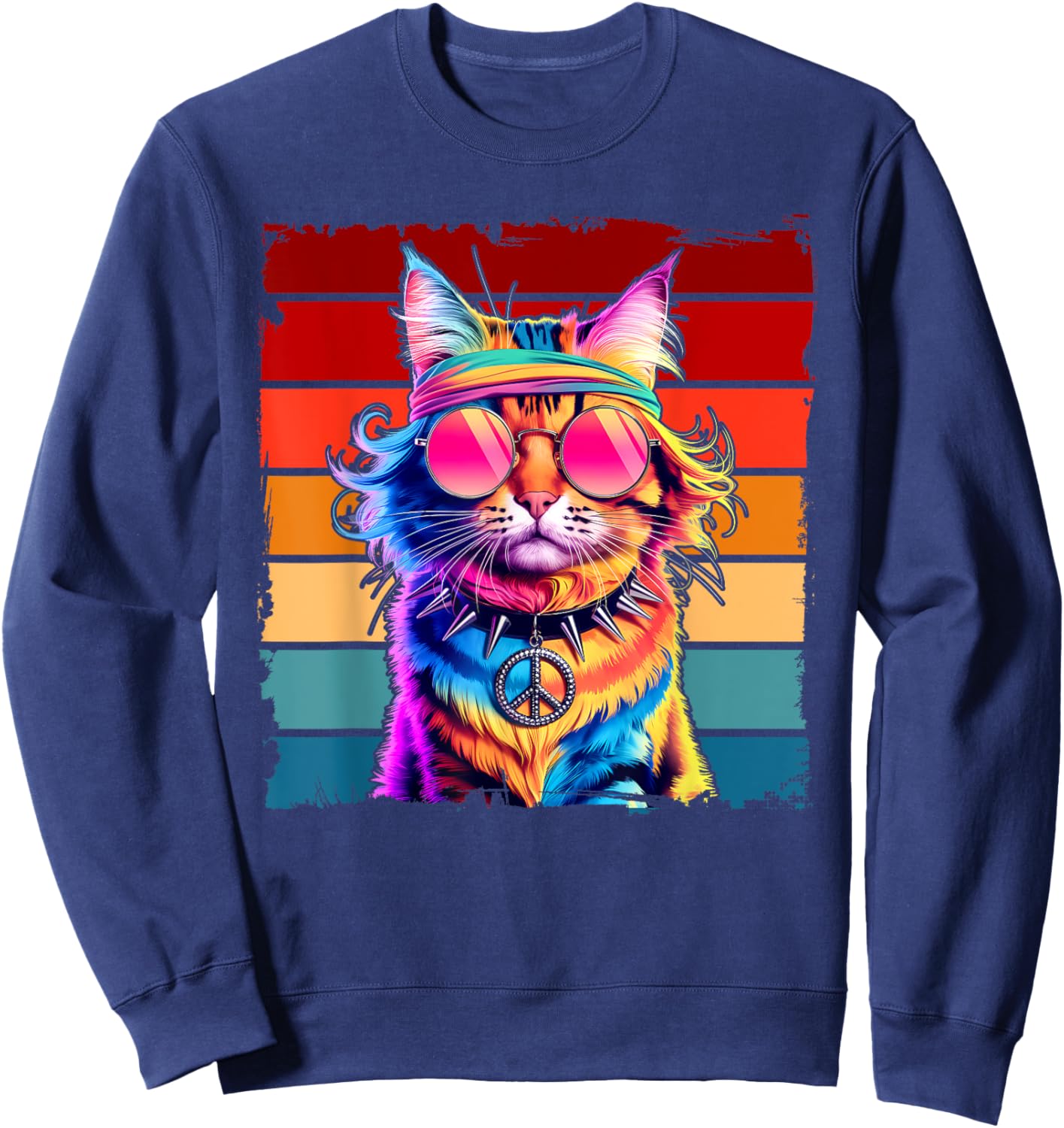Psychedelic Peace Cat Colorful Hippie Retro Groovy Vibes Men Women Kids Sweatshirt - Sweatshirt | Navy