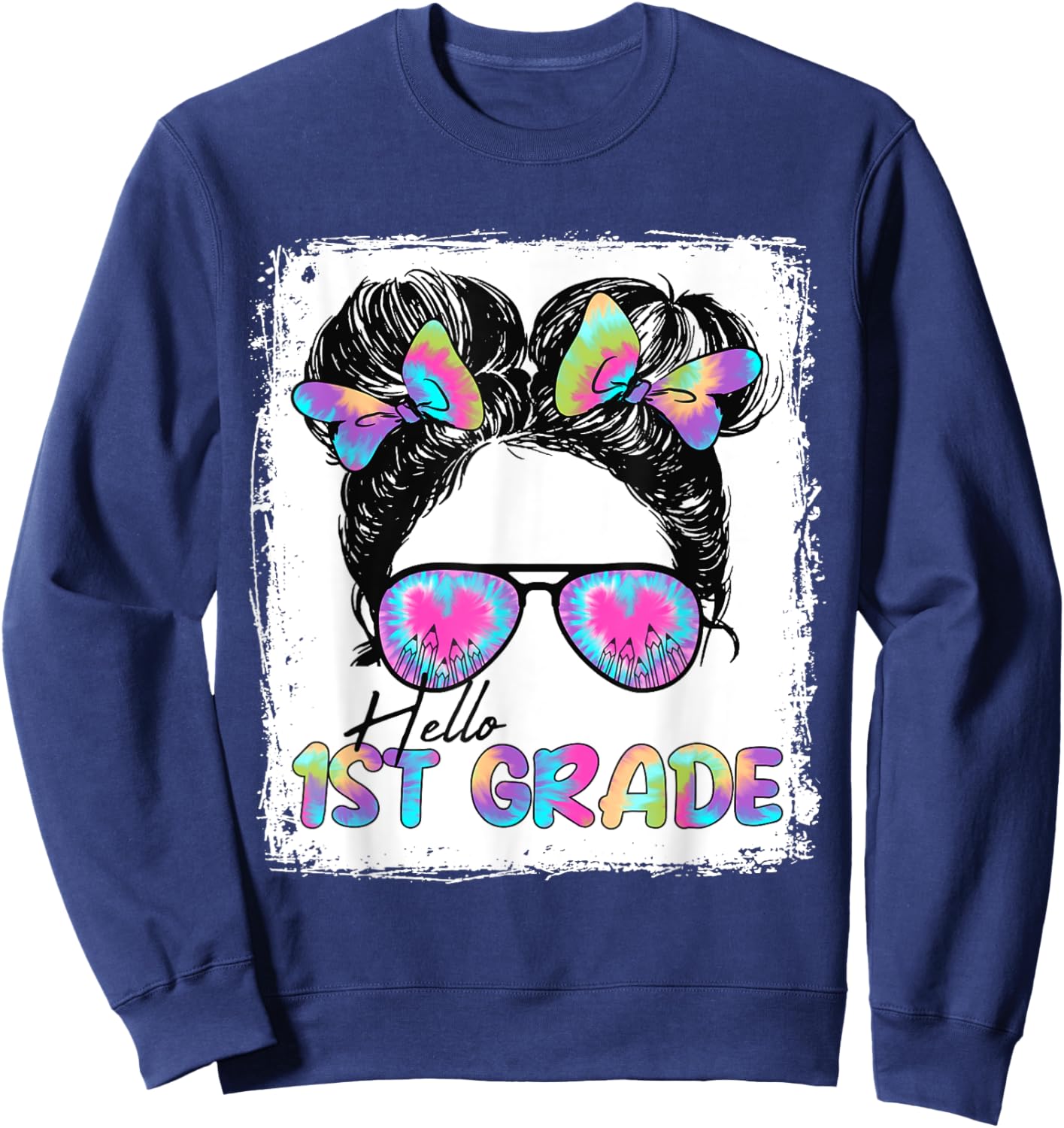 Hello 1st Grade Messy Hair Bun Girl Back To School First Day Sweatshirt - Sweatshirt | Navy