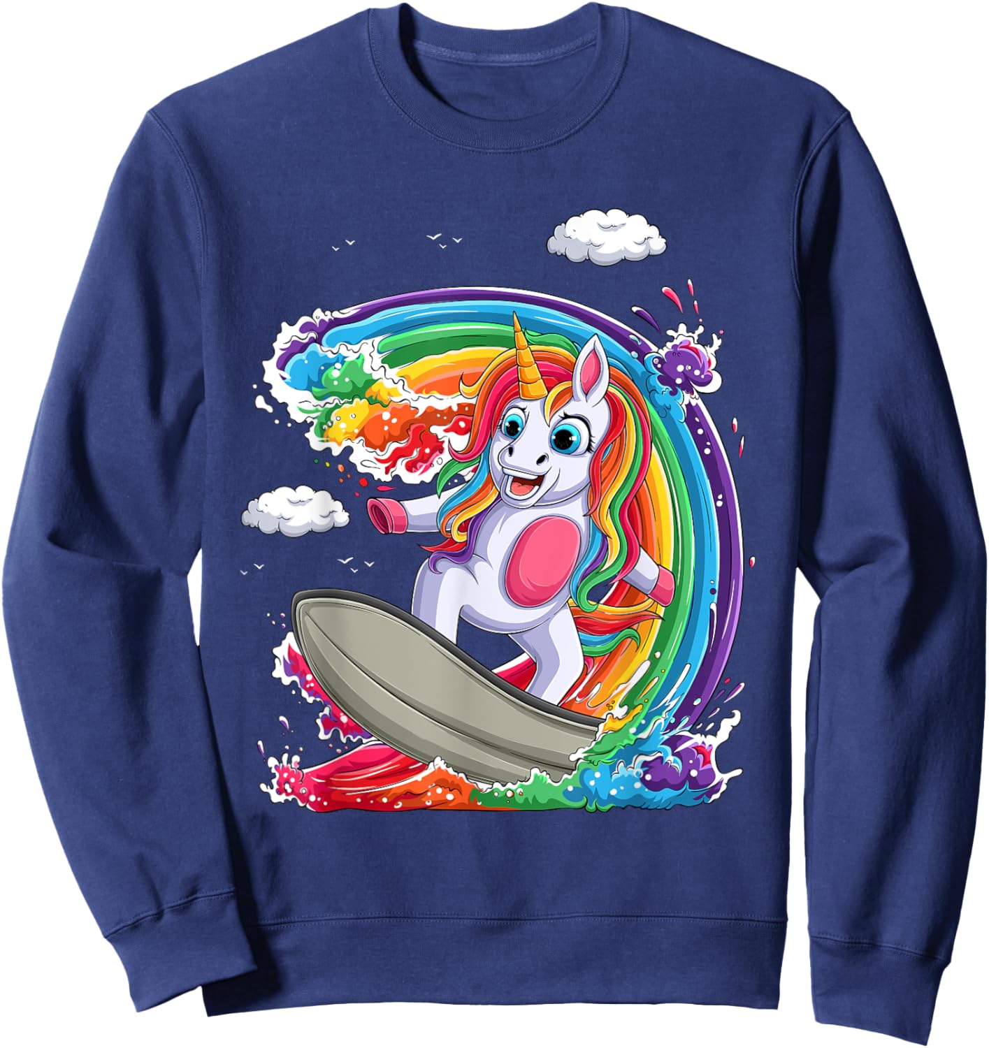 Cute Unicorn Girls Women Unicorn Surfing on Rainbow Wave Sweatshirt - Sweatshirt | Navy