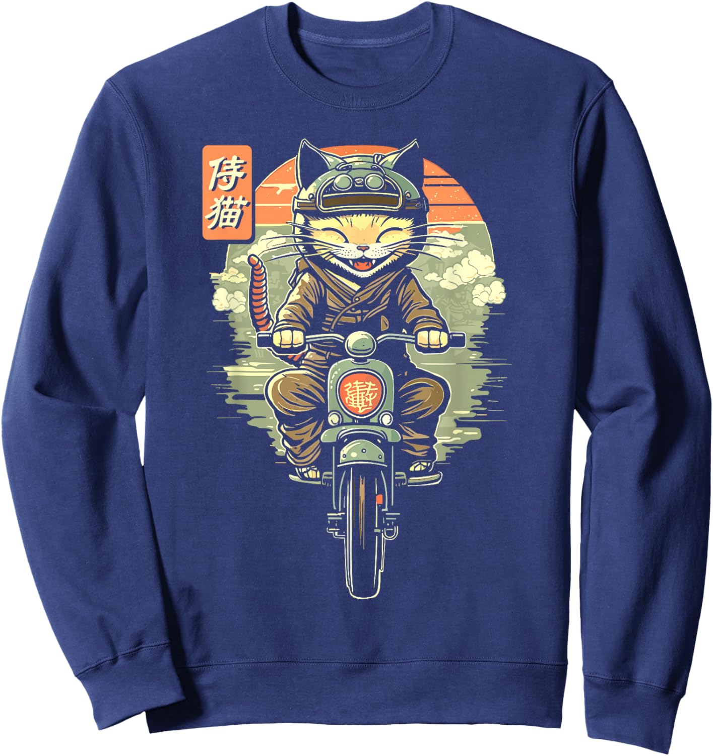 Japanese Samurai Cat on Motorcycle Kawaii Ninja Cat Sweatshirt - Sweatshirt | Navy