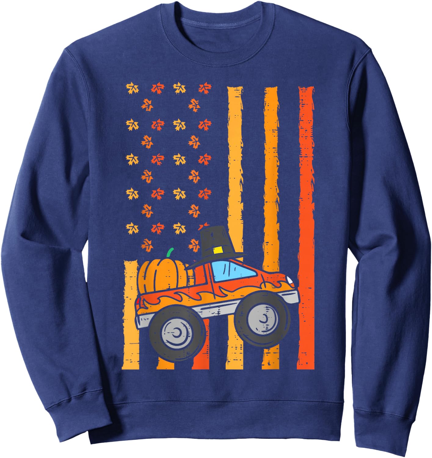 Thanksgiving Monster Truck US Flag Fall Toddler Boys Kids Sweatshirt - Sweatshirt | Navy