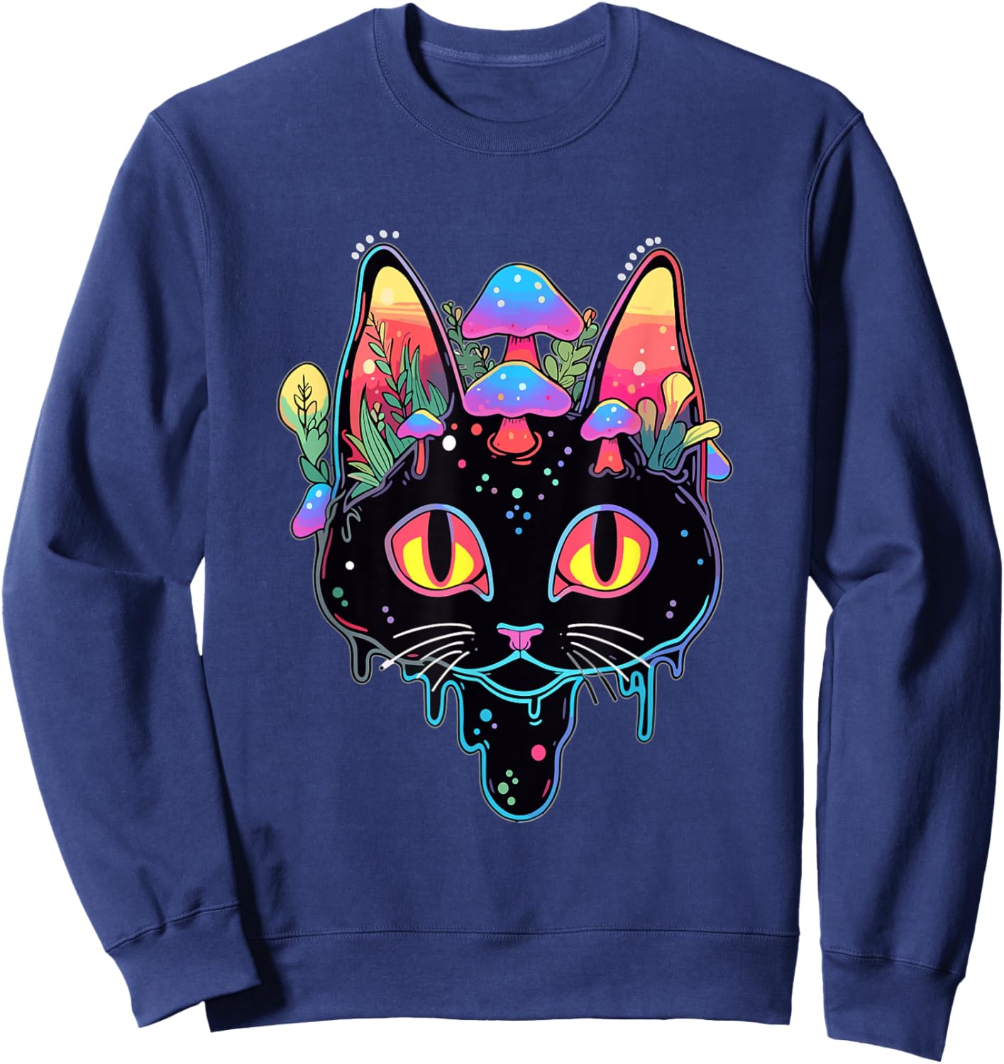 Psychedelic Festival Trippy Cat Mushroom Art Rave Men Women Sweatshirt - Sweatshirt | Navy