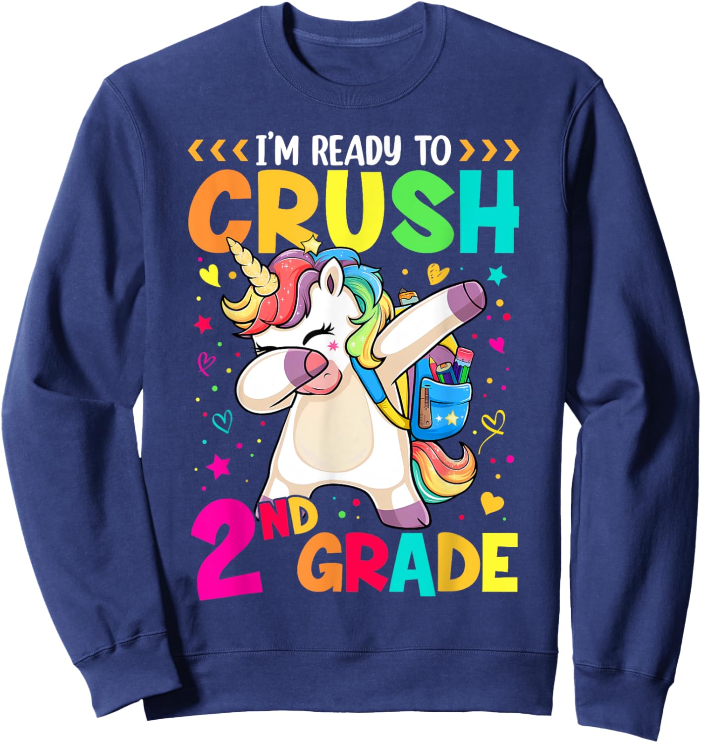 Crush 2nd Grade Dabbing Unicorn Back to School Girls Kids Sweatshirt - Sweatshirt | Navy