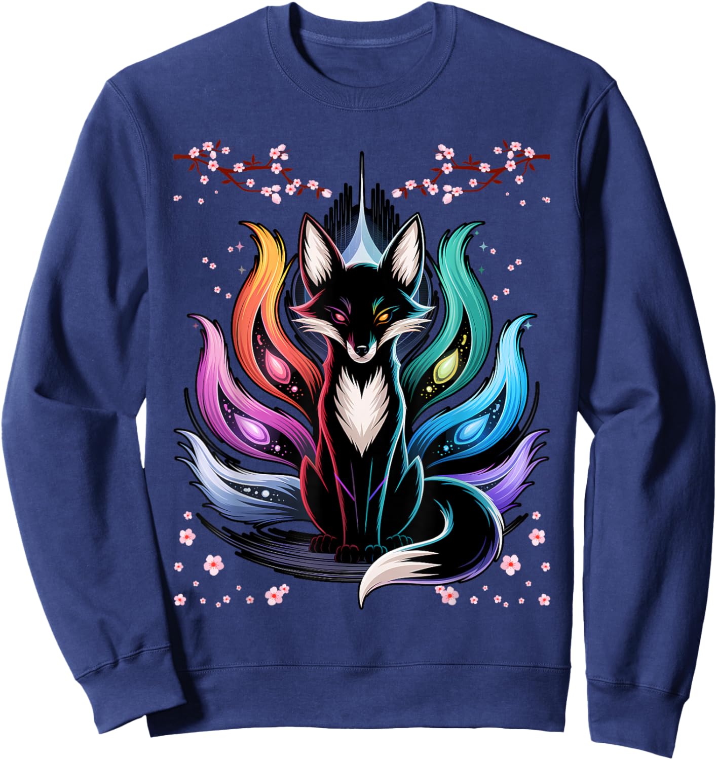 Japanese Fox Kitsune Seven Elements Cherry Flower Blossom Sweatshirt - Sweatshirt | Navy