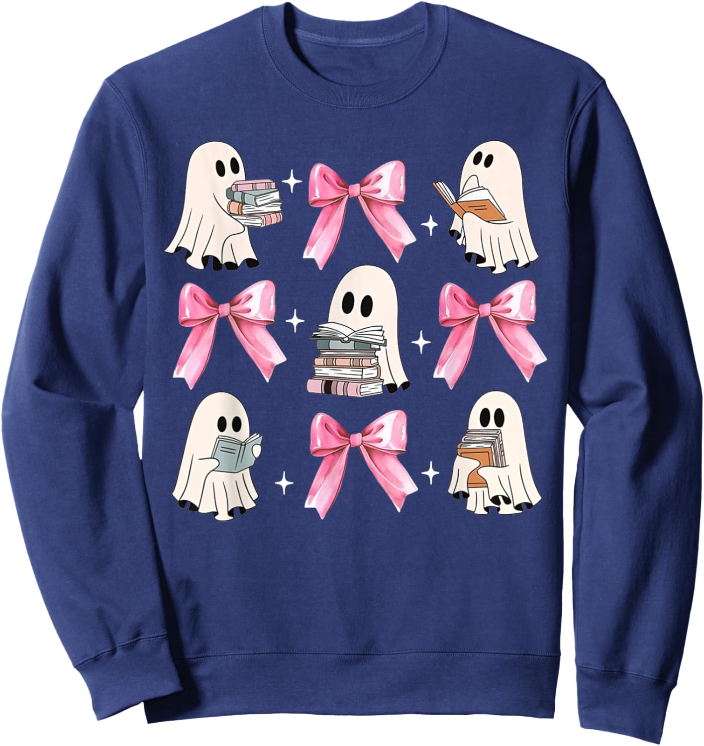 Little Pink Bow Ghost Reading Books Halloween Coquette Book Sweatshirt - Sweatshirt | Navy