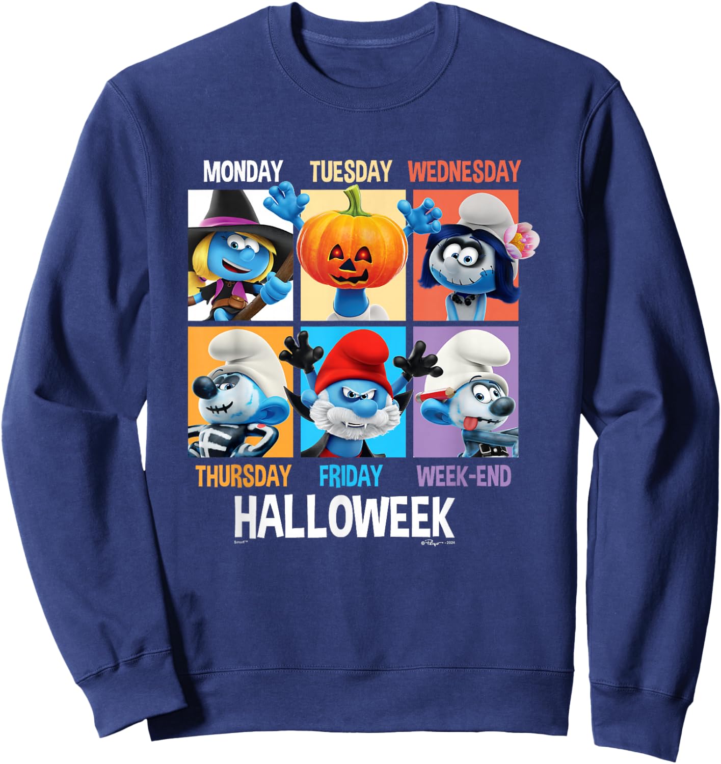The Smurfs Halloween Hallowek Group Shot Big Chest Panels Sweatshirt - Sweatshirt | Navy