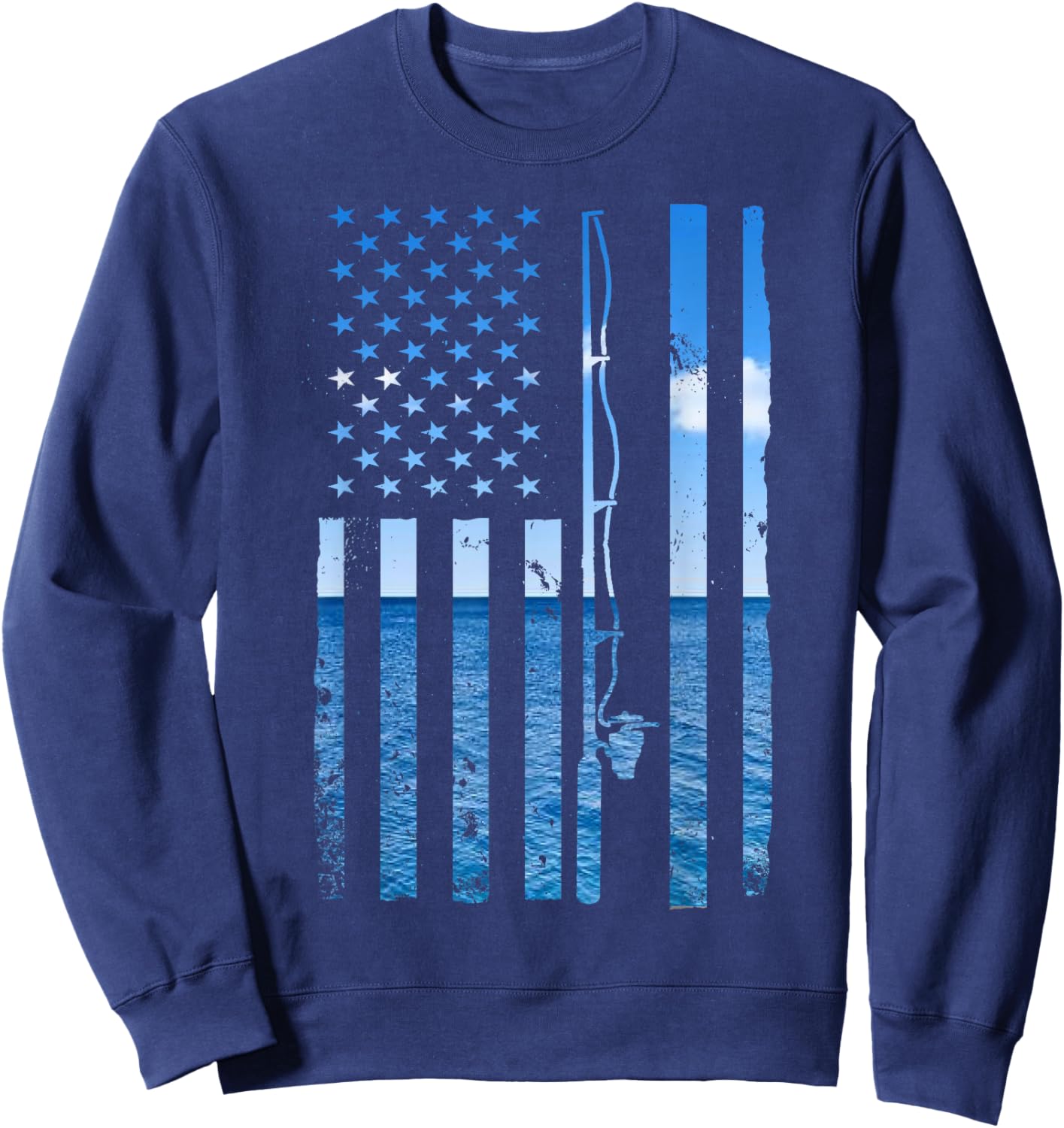 American Flag Fish Fisher Fisherman Funny Bass Fishing USA Sweatshirt - Sweatshirt | Navy