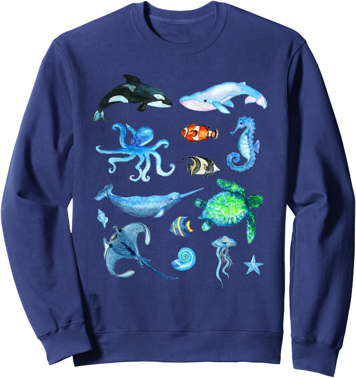 Watercolor Sea Animals Kids Ocean Wildlife Marine Creatures Sweatshirt - Sweatshirt | Navy