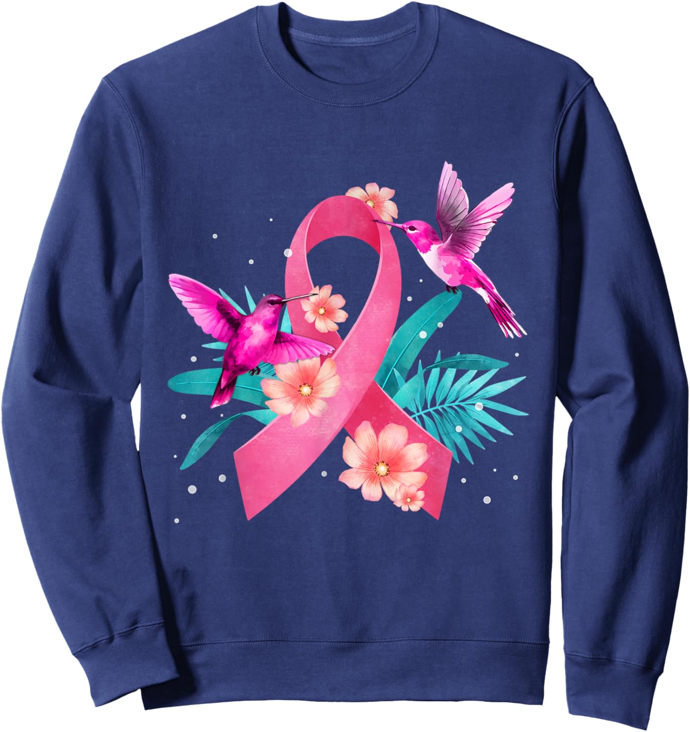 Hummingbird Breast Cancer Awareness Pink Ribbon Flowers Sweatshirt - Sweatshirt | Navy