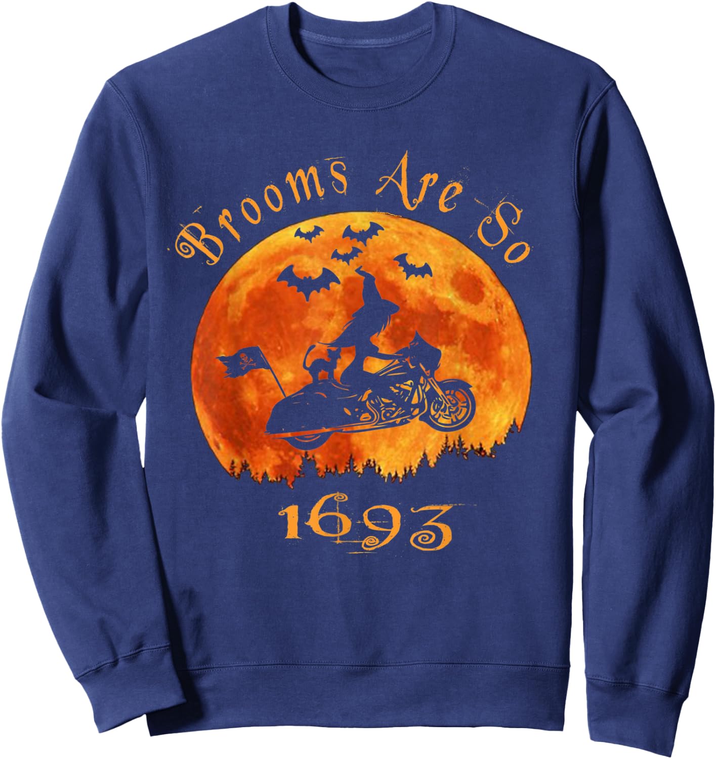 Halloween Witch On Motorcycle Cat & Moon Salem Witch Trials Sweatshirt - Sweatshirt | Navy