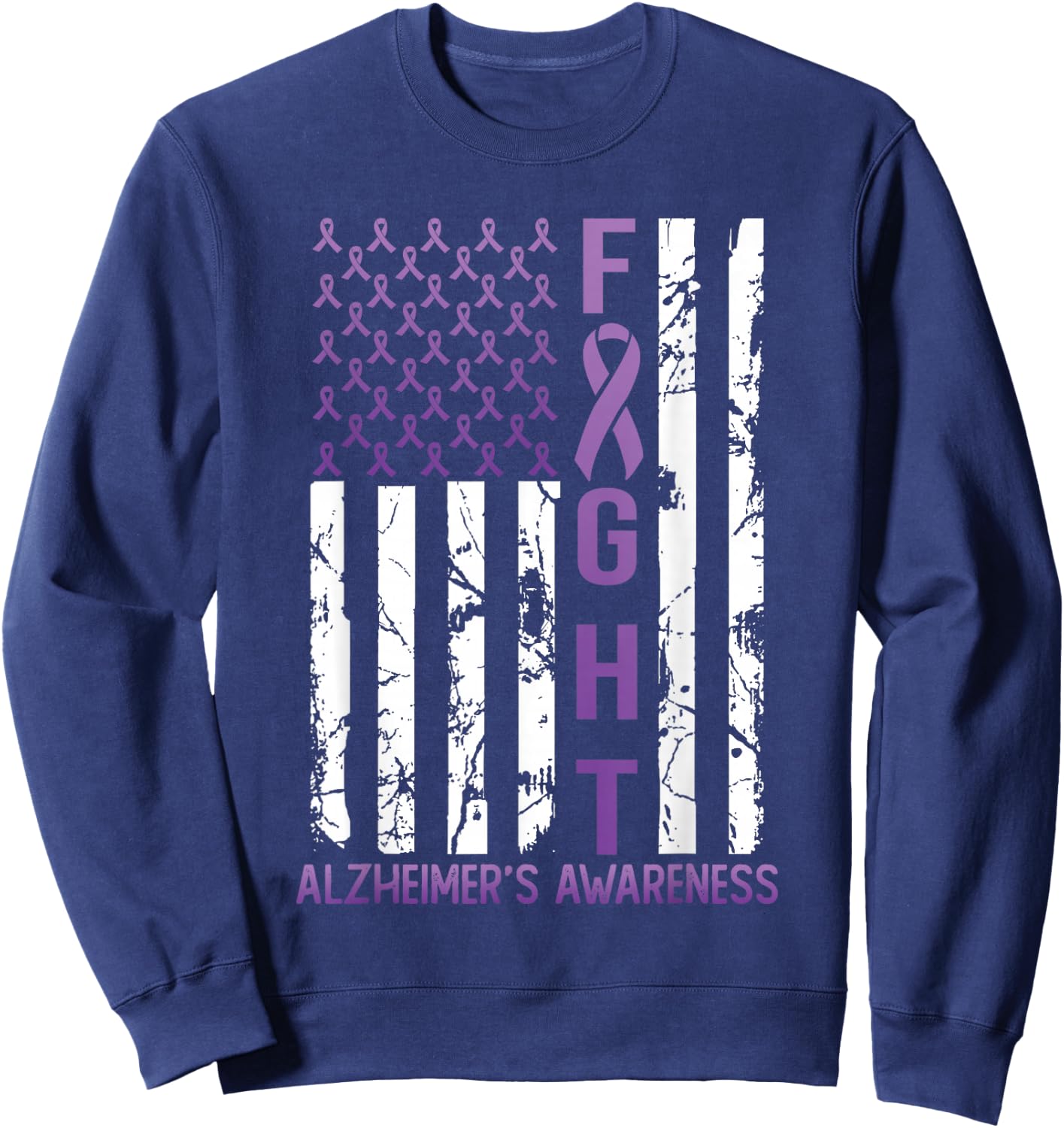 Alzheimer's Awareness Month Day USA Flag Ribbon Purple Sweatshirt - Sweatshirt | Navy