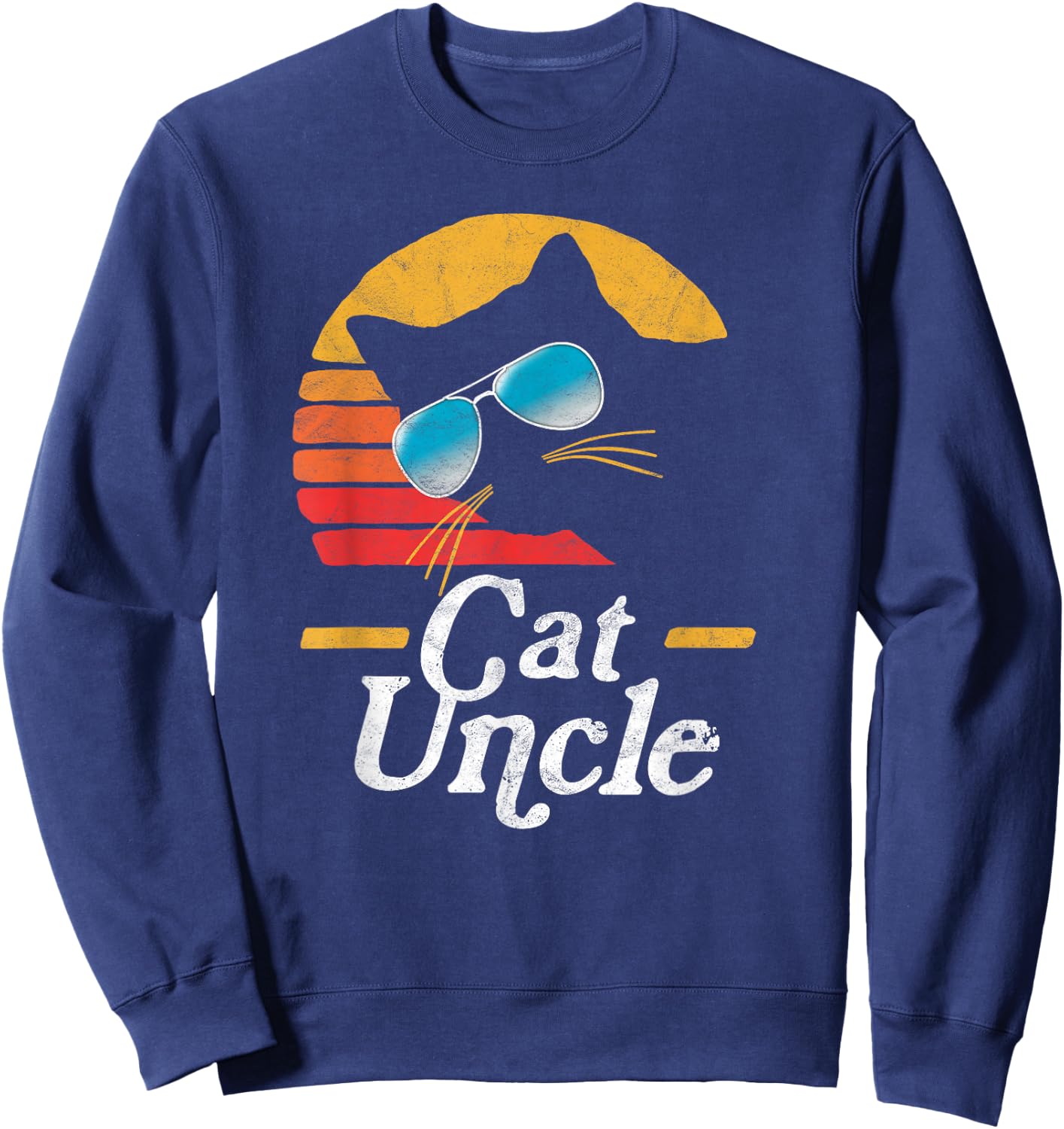 Cat Uncle Vintage 80s Style Cat Retro Sunglasses Distressed Sweatshirt - Sweatshirt | Navy