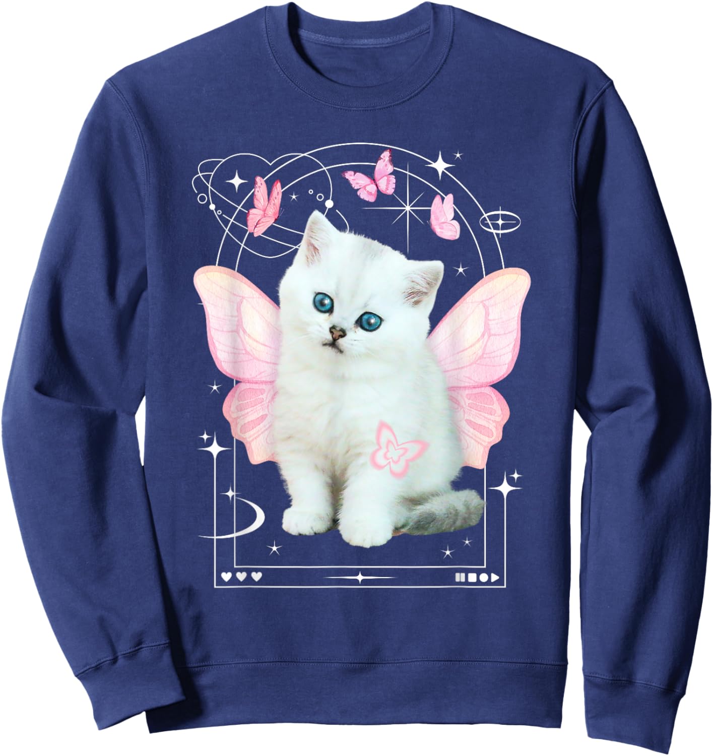 Cute y2k Aesthetic Cat Butterfly Fairy Cyber 2000s Graphic Sweatshirt - Sweatshirt | Navy